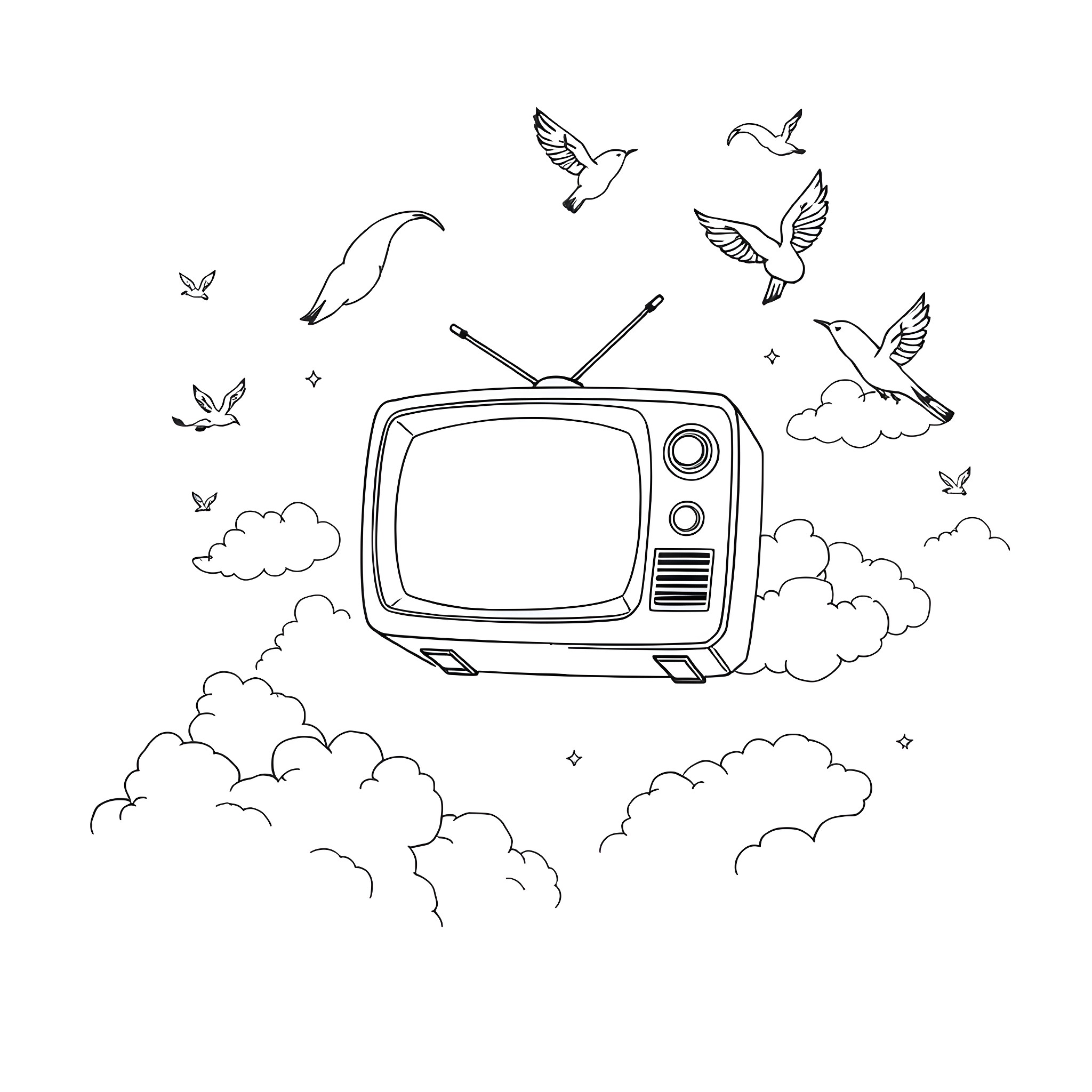 Flying TV Soaring Among Clouds and Birds Coloring Page (free black-and-white line drawing printable PDF for all, from beginners to advanced learners, including children, teens, adults, and seniors)