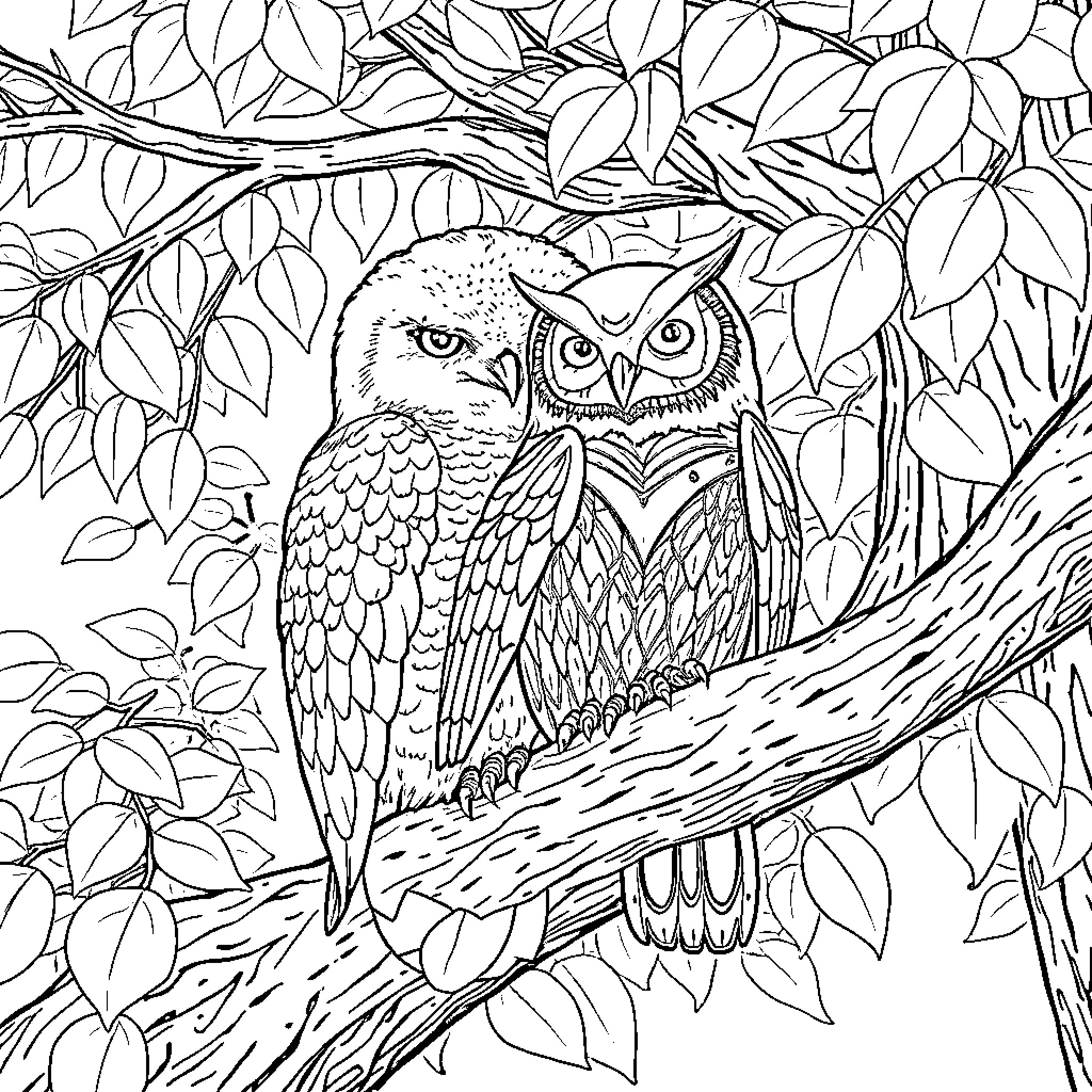 Owl perched in the forest with detailed foliage Coloring Page (free black-and-white line drawing printable PDF for all, from beginners to advanced learners, including children, teens, adults, and seniors)