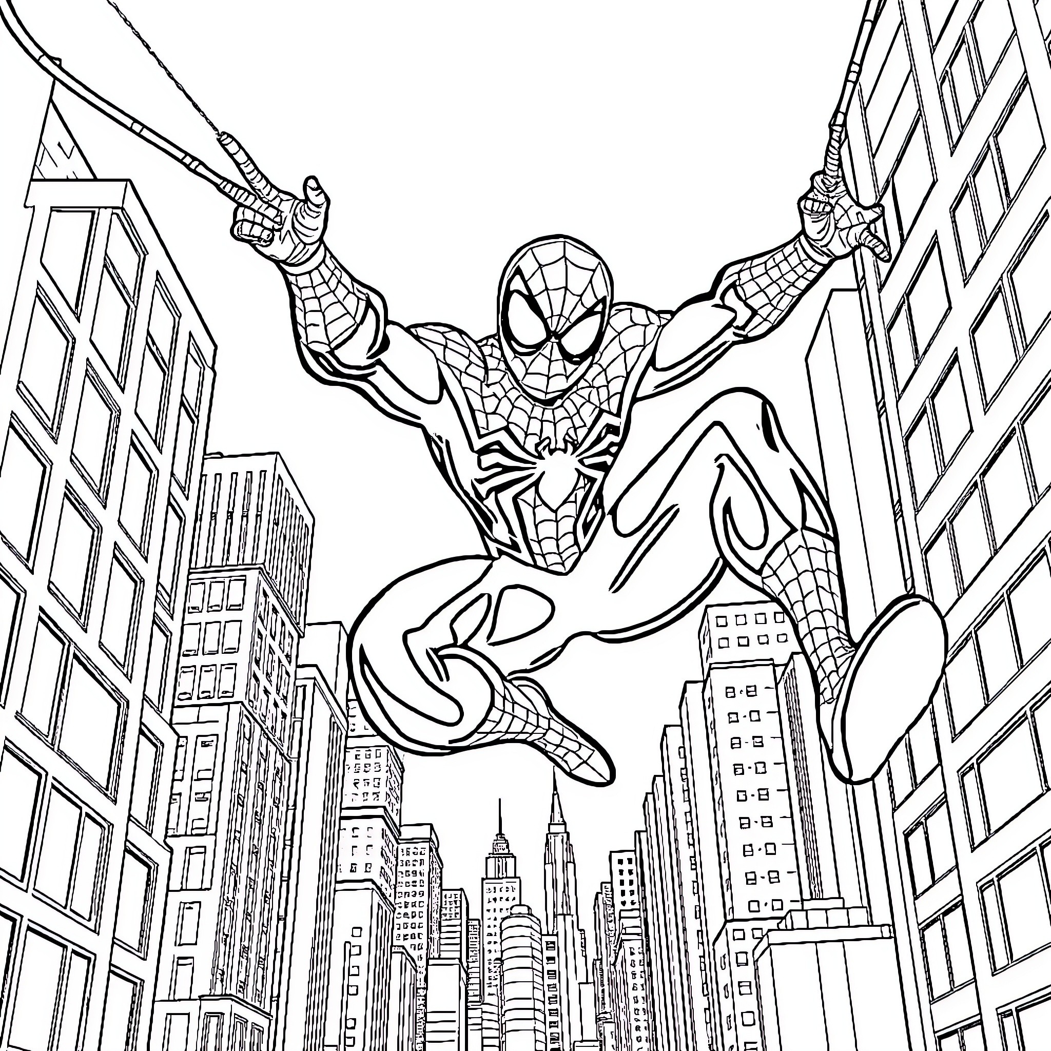 Spiderman swinging through the city skyline Coloring Page (free black-and-white line drawing printable PDF for all, from beginners to advanced learners, including children, teens, adults, and seniors)