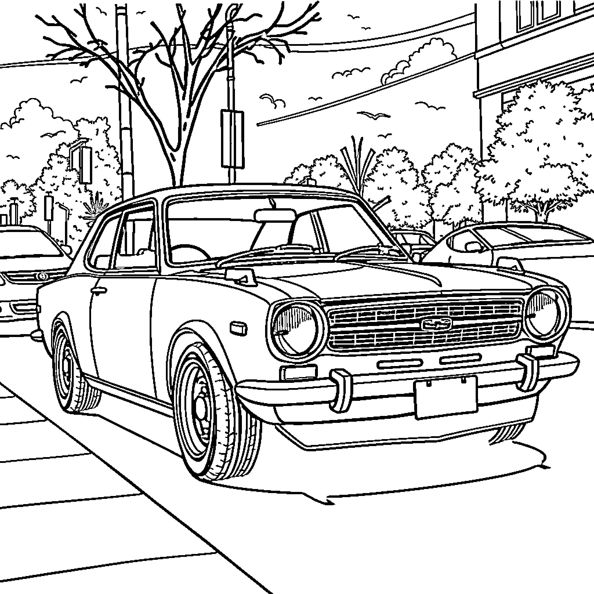 Datsun 510 parked on a city street Coloring Page (free black-and-white line drawing printable PDF for all, from beginners to advanced learners, including children, teens, adults, and seniors)