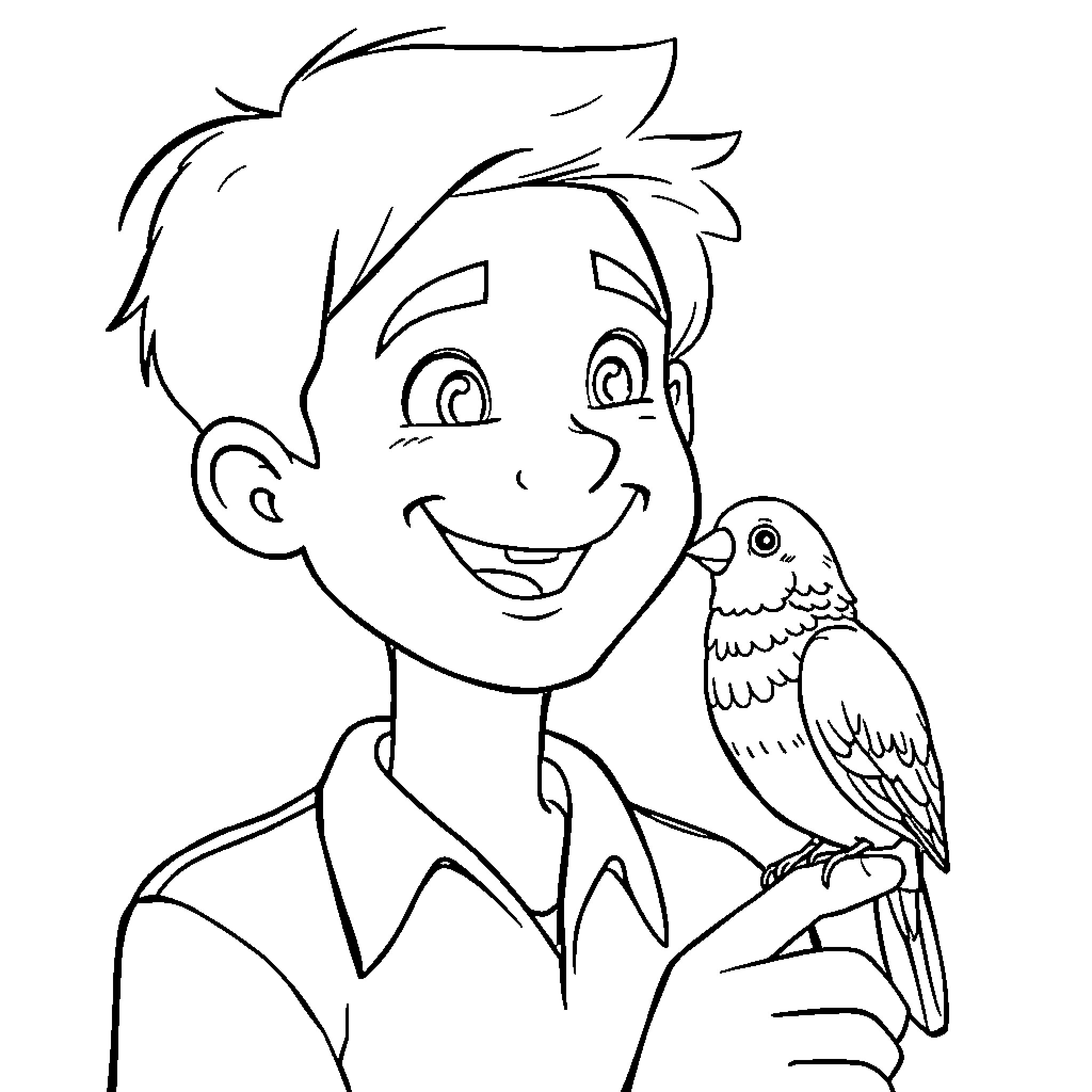 Steve's Friendly Encounter with a Feathered Companion Coloring Page (free black-and-white line drawing printable PDF for all, from beginners to advanced learners, including children, teens, adults, and seniors)