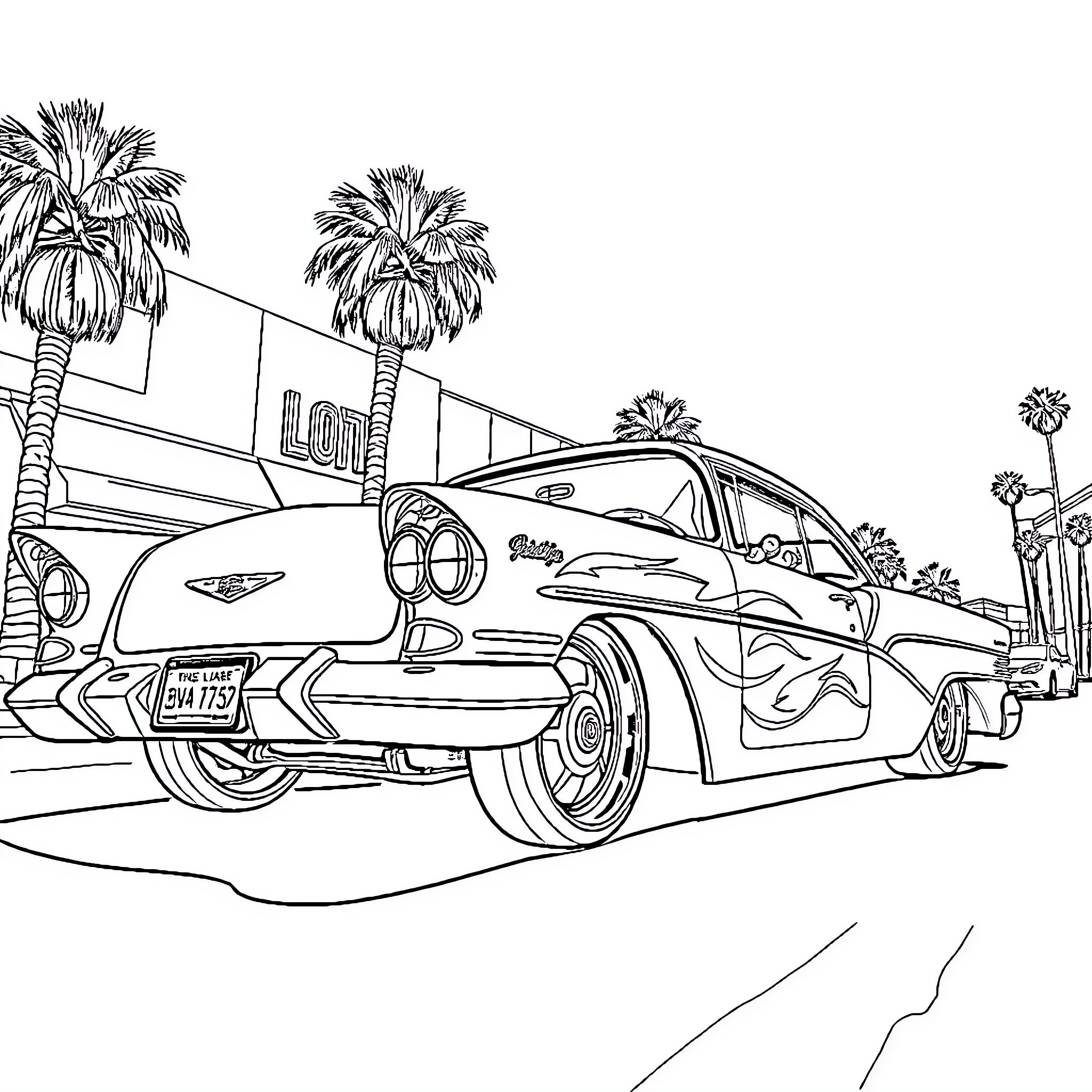Low Rider Cruising Through Palm-Lined Street Coloring Page (free black-and-white line drawing printable PDF for all, from beginners to advanced learners, including children, teens, adults, and seniors)