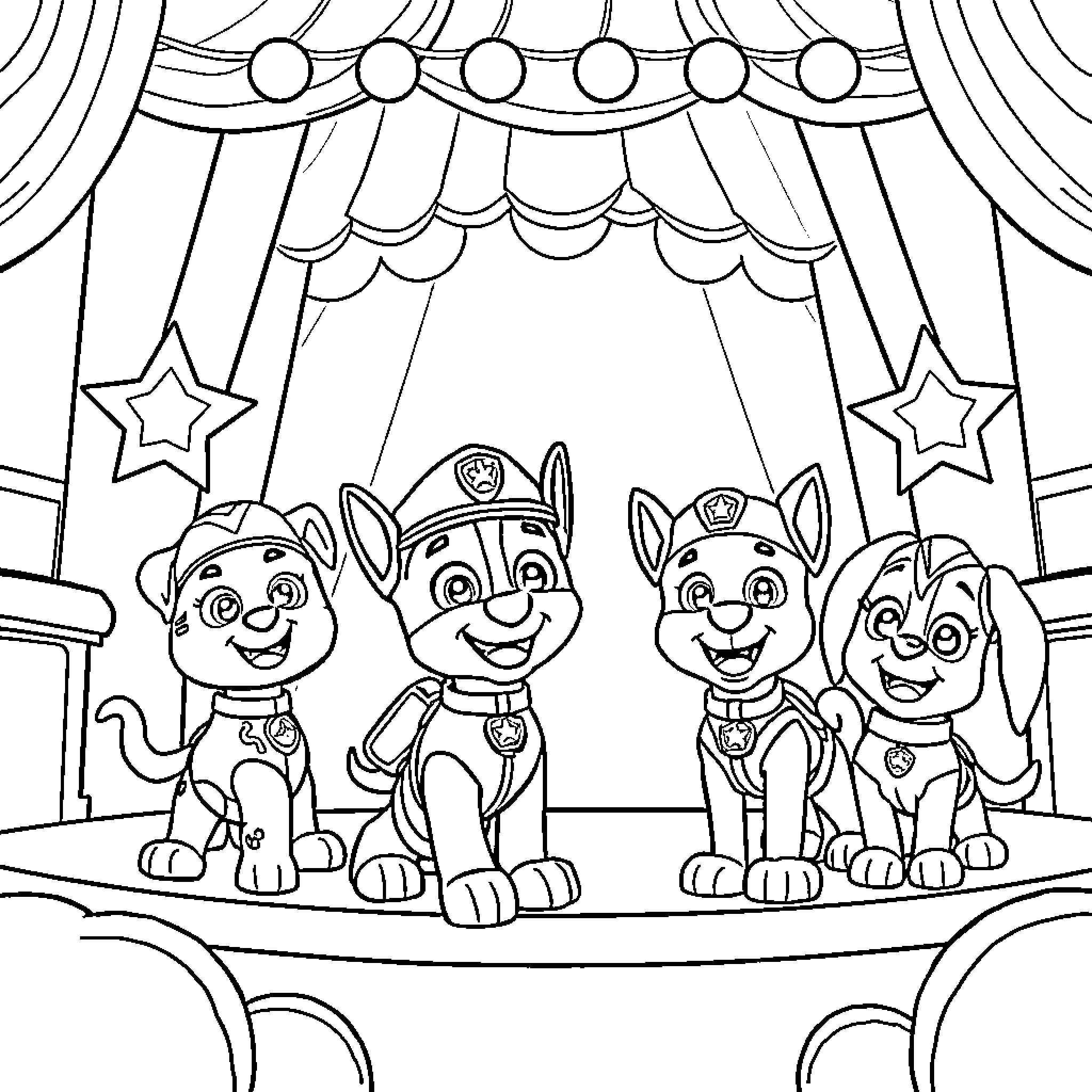 Paw Patrol Pups Performing on Stage Coloring Page (free black-and-white line drawing printable PDF for all, from beginners to advanced learners, including children, teens, adults, and seniors)