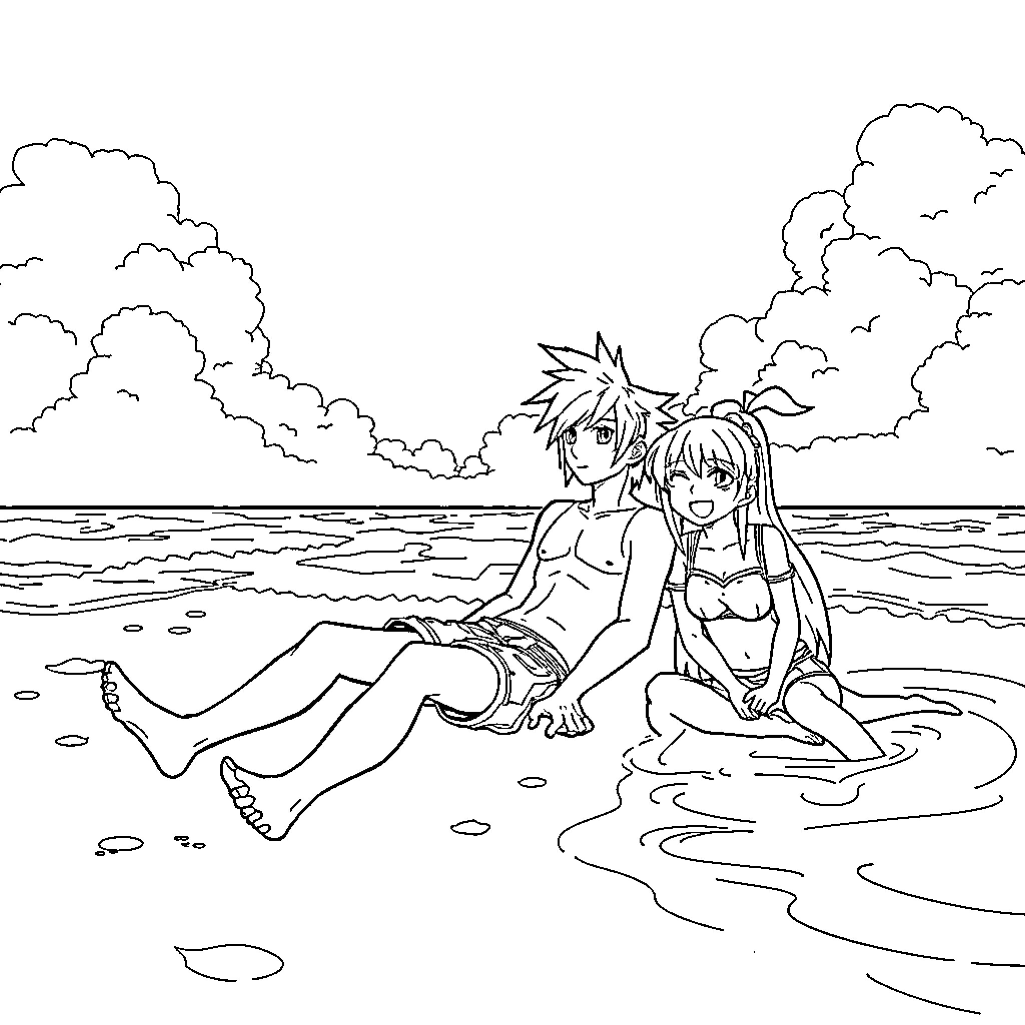 Cloud Couple Relaxing at the Beach Coloring Page (free black-and-white line drawing printable PDF for all, from beginners to advanced learners, including children, teens, adults, and seniors)