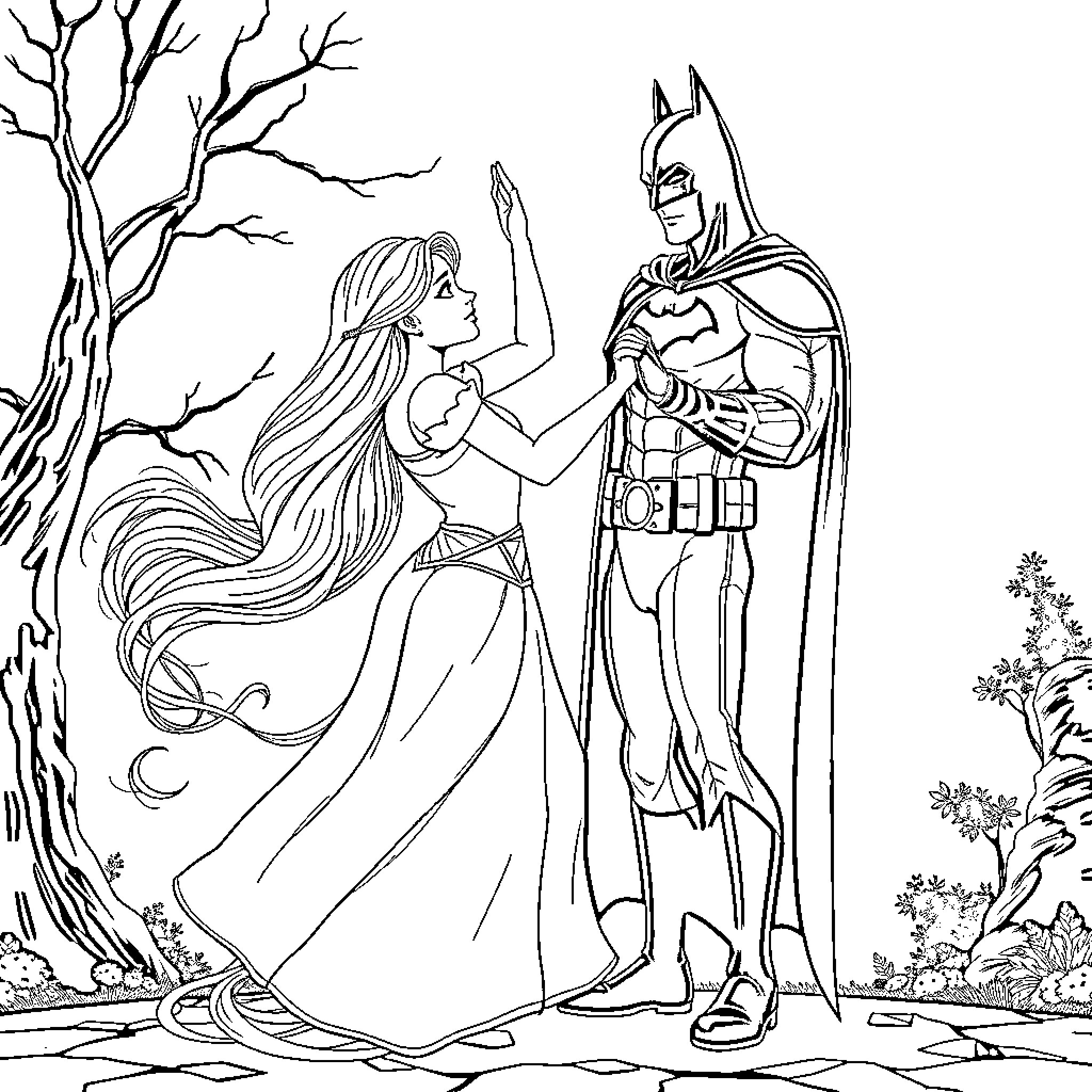 Rapunzel and Batman in a fantasy forest setting Coloring Page (free black-and-white line drawing printable PDF for all, from beginners to advanced learners, including children, teens, adults, and seniors)