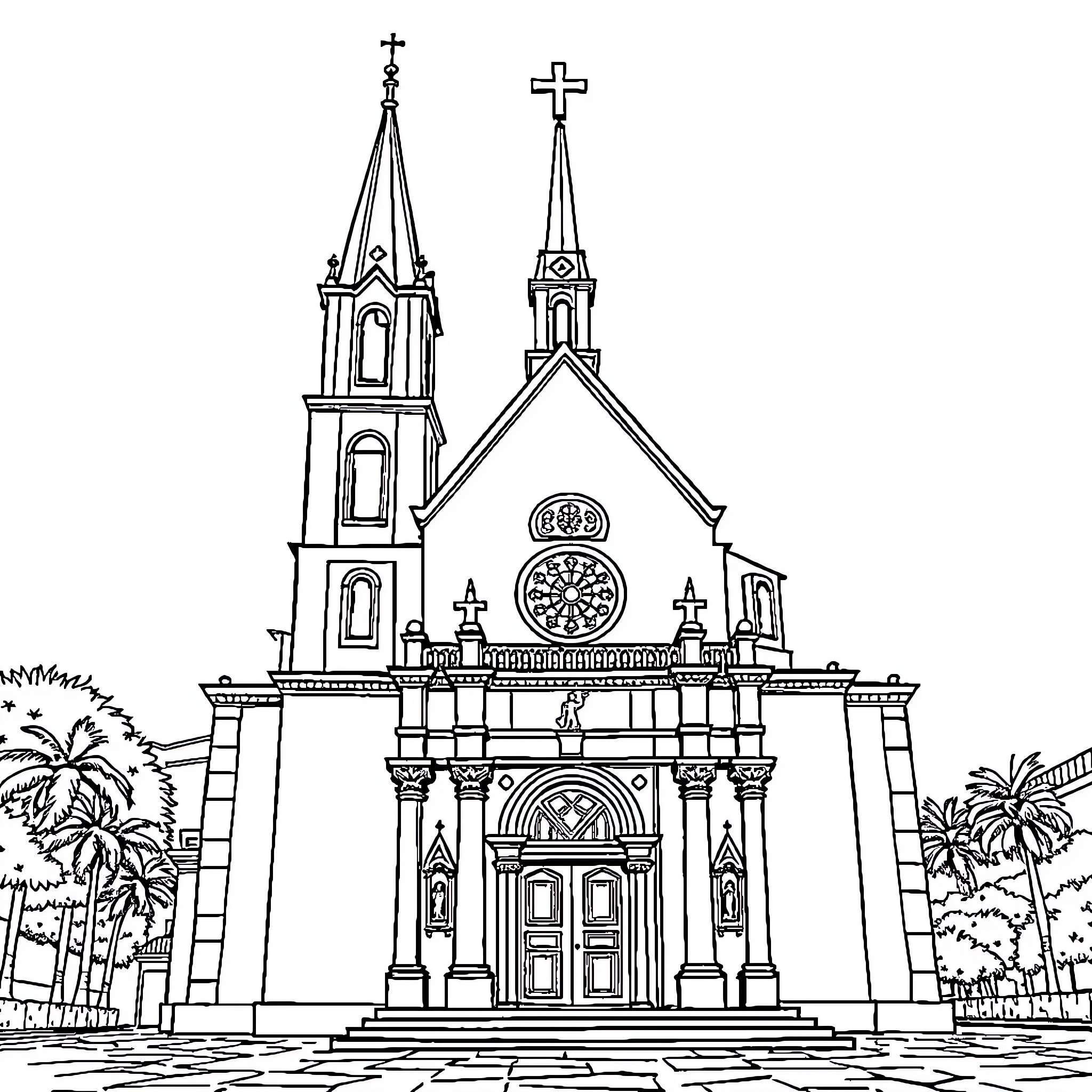 Church with Ornate Architecture and Spires Coloring Page (free black-and-white line drawing printable PDF for all, from beginners to advanced learners, including children, teens, adults, and seniors)
