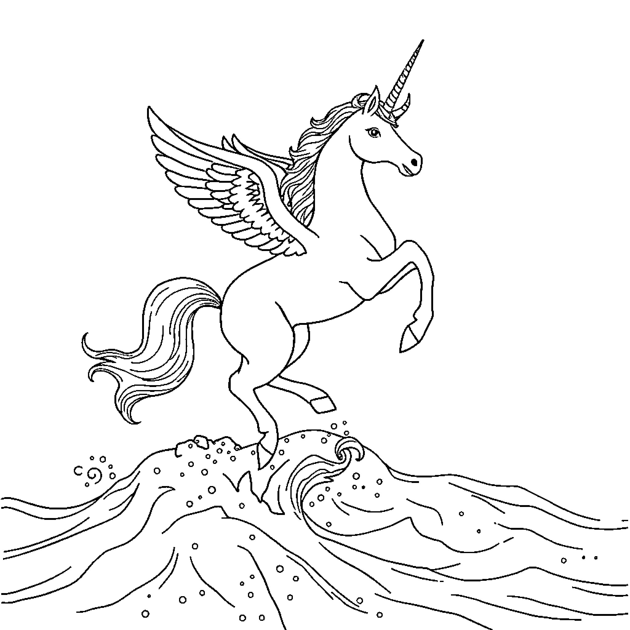 Unicorn soaring over magical landscape Coloring Page (free black-and-white line drawing printable PDF for all, from beginners to advanced learners, including children, teens, adults, and seniors)