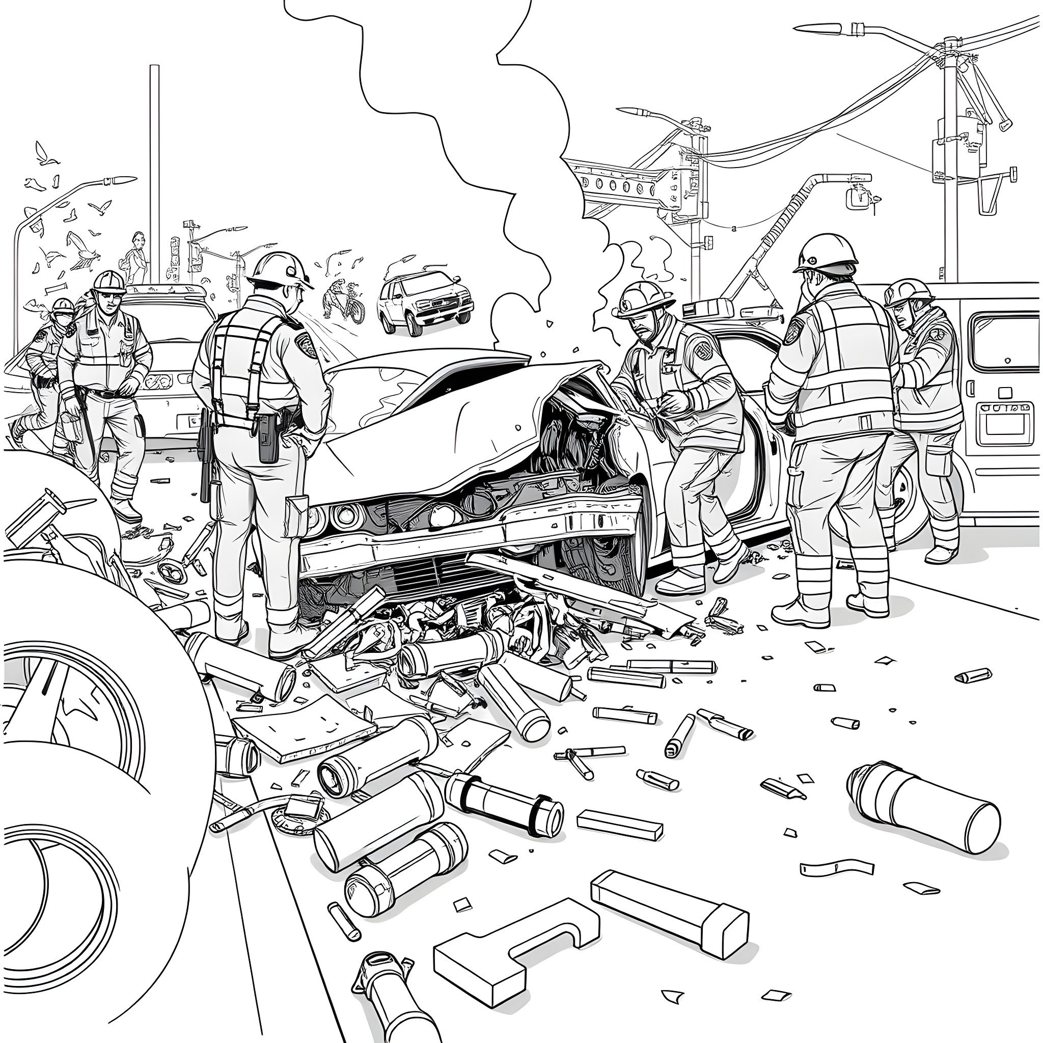 Car accident scene with emergency responders at work Coloring Page (free black-and-white line drawing printable PDF for all, from beginners to advanced learners, including children, teens, adults, and seniors)