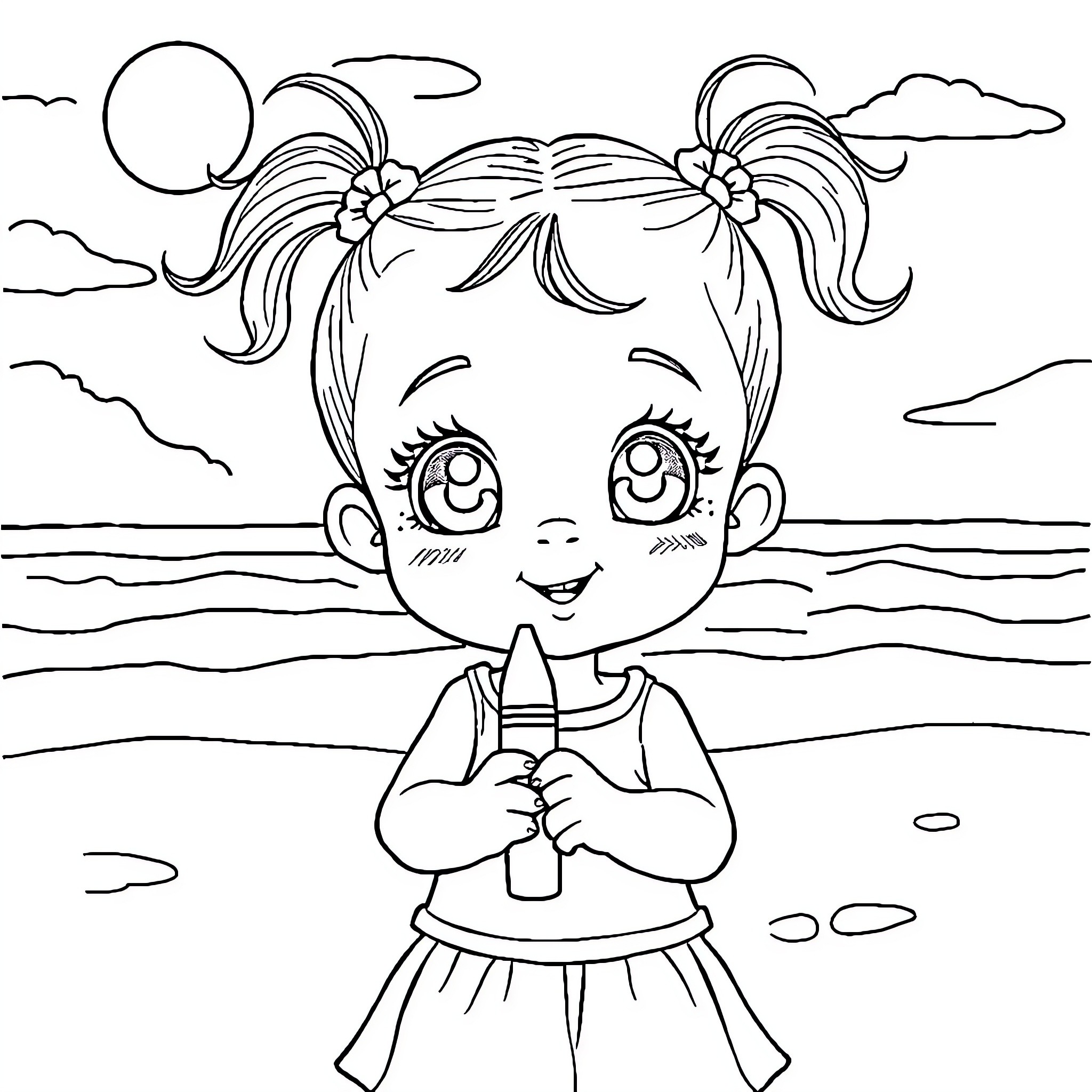 Baby Girl Enjoying Lollipop by the Beach Coloring Page (free black-and-white line drawing printable PDF for all, from beginners to advanced learners, including children, teens, adults, and seniors)