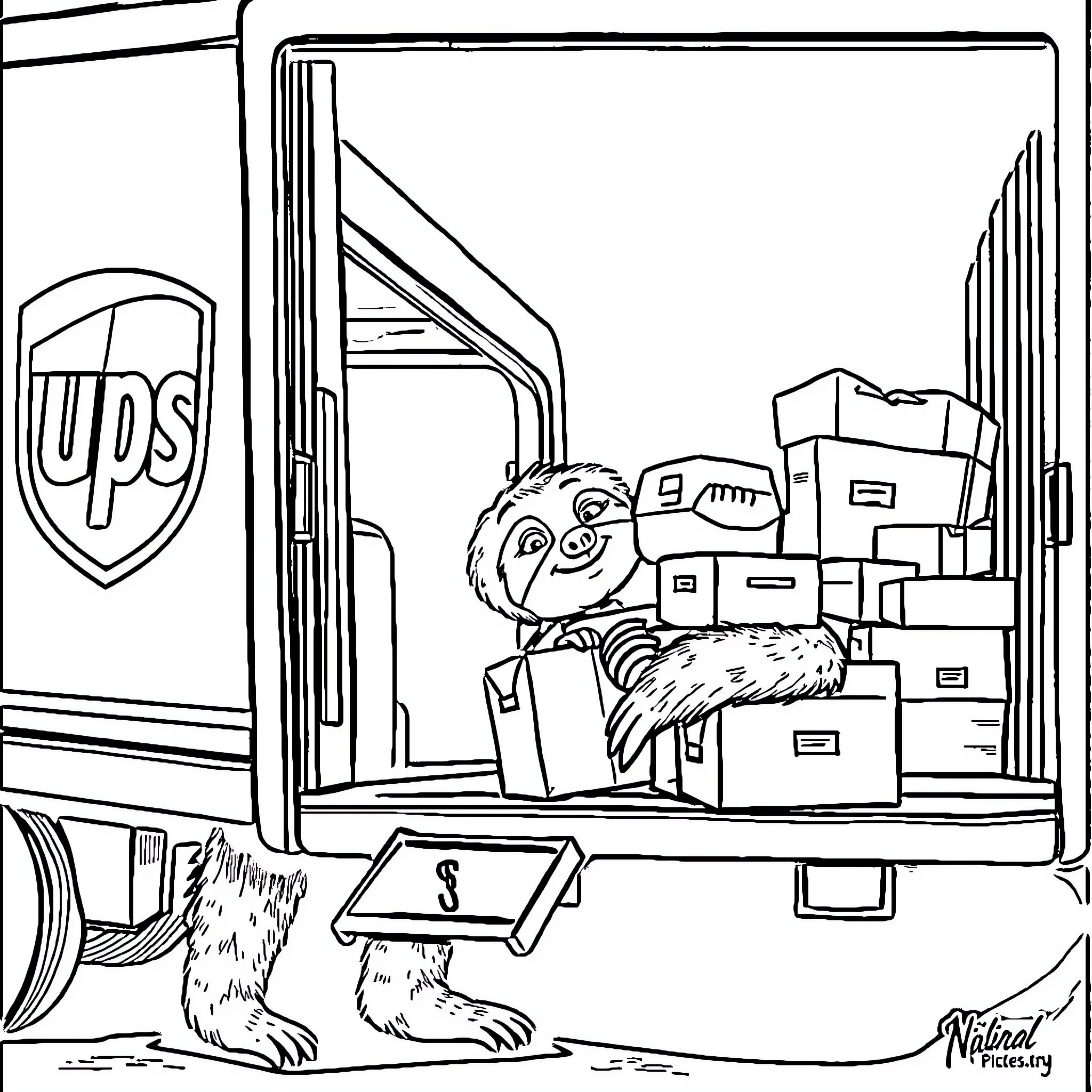 Sid the UPS Delivery Sloth Transporting Packages Coloring Page (free black-and-white line drawing printable PDF for all, from beginners to advanced learners, including children, teens, adults, and seniors)