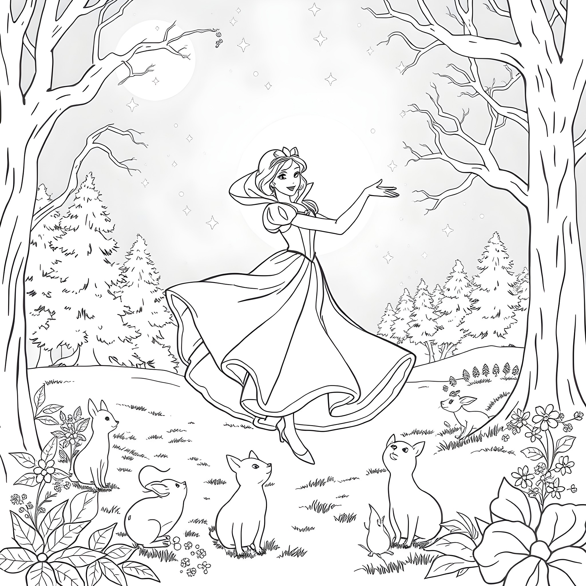 Snow White in a Wintry Wonderland Coloring Page (free black-and-white line drawing printable PDF for all, from beginners to advanced learners, including children, teens, adults, and seniors)