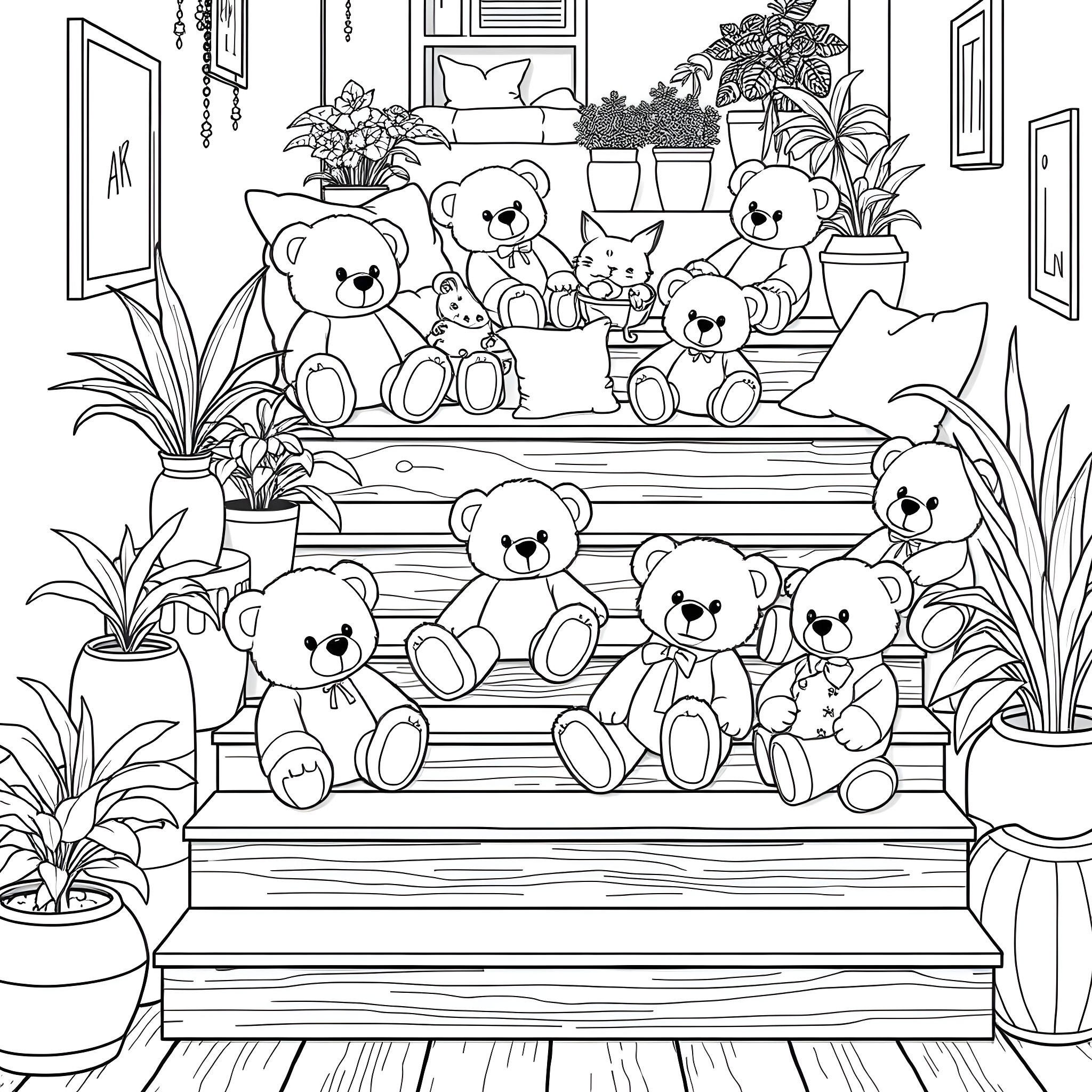 Teddy Bears Gathering in Cozy Home Coloring Page (free black-and-white line drawing printable PDF for all, from beginners to advanced learners, including children, teens, adults, and seniors)