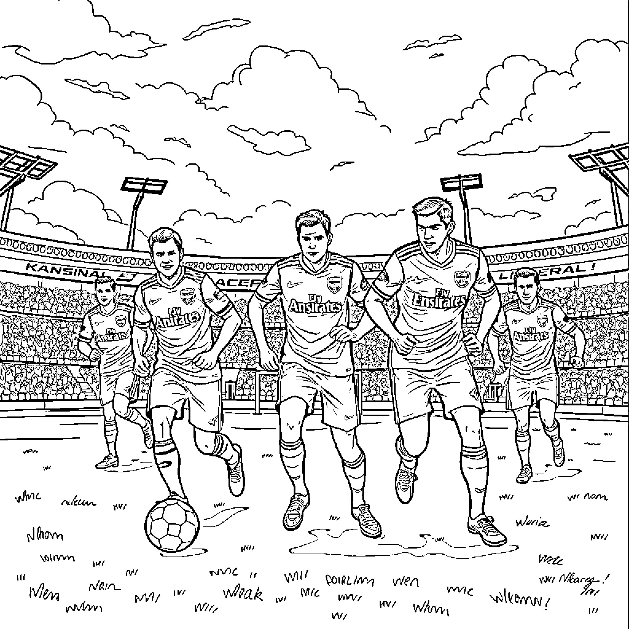 Arsenal team walking onto the football pitch Coloring Page (free black-and-white line drawing printable PDF for all, from beginners to advanced learners, including children, teens, adults, and seniors)