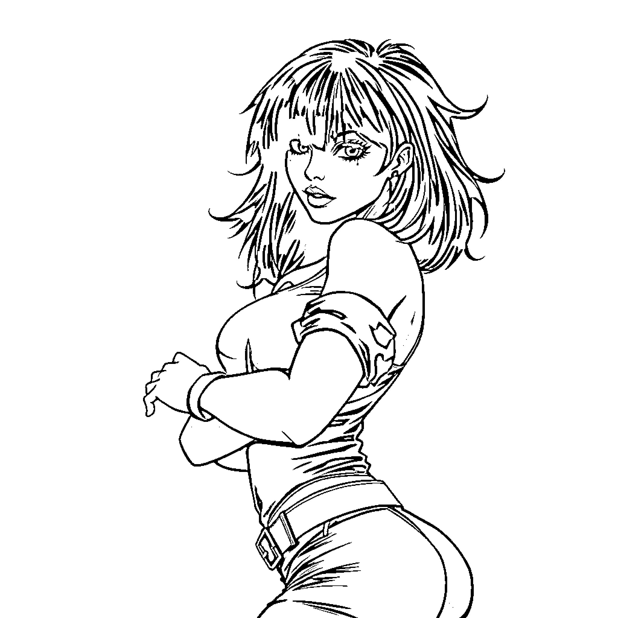 Goth Girl in Defiant Pose Coloring Page (free black-and-white line drawing printable PDF for all, from beginners to advanced learners, including children, teens, adults, and seniors)