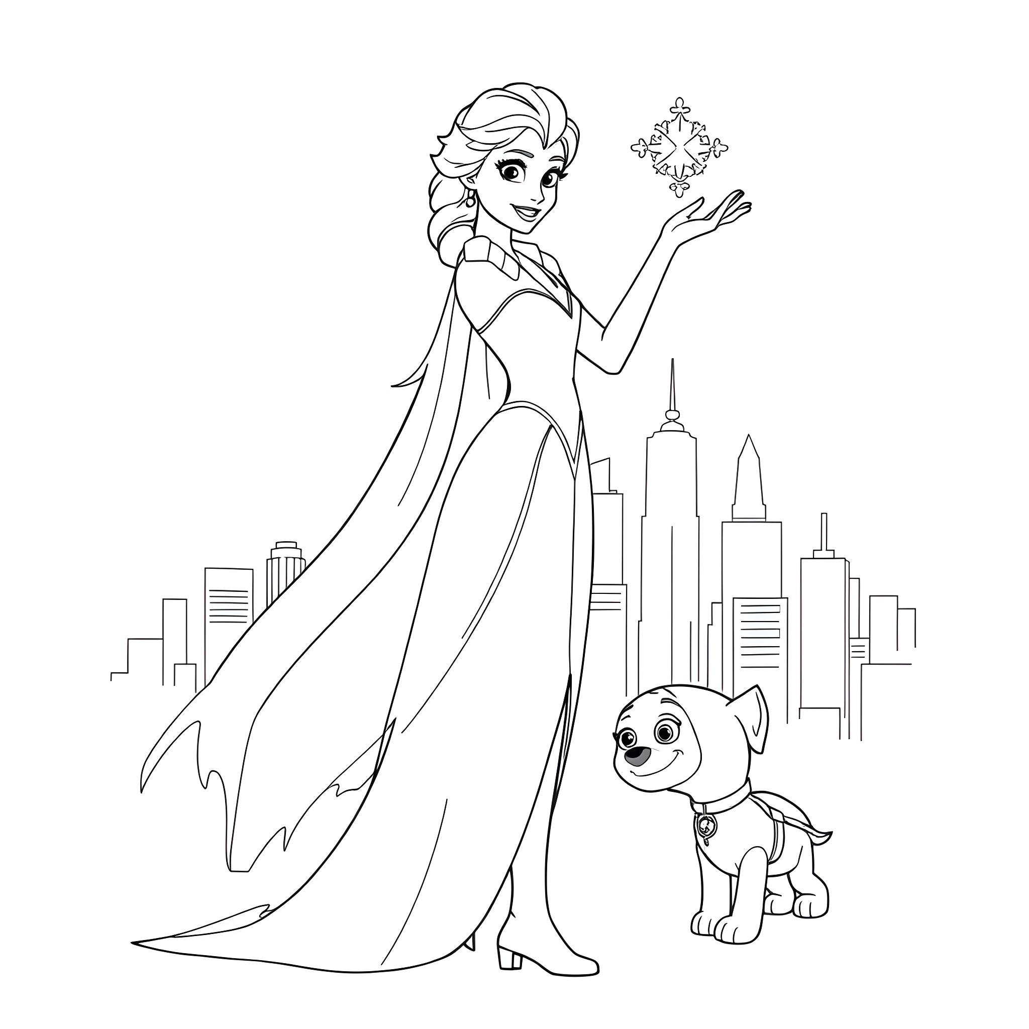 Elsa using her magical powers with her furry companion Coloring Page (free black-and-white line drawing printable PDF for all, from beginners to advanced learners, including children, teens, adults, and seniors)