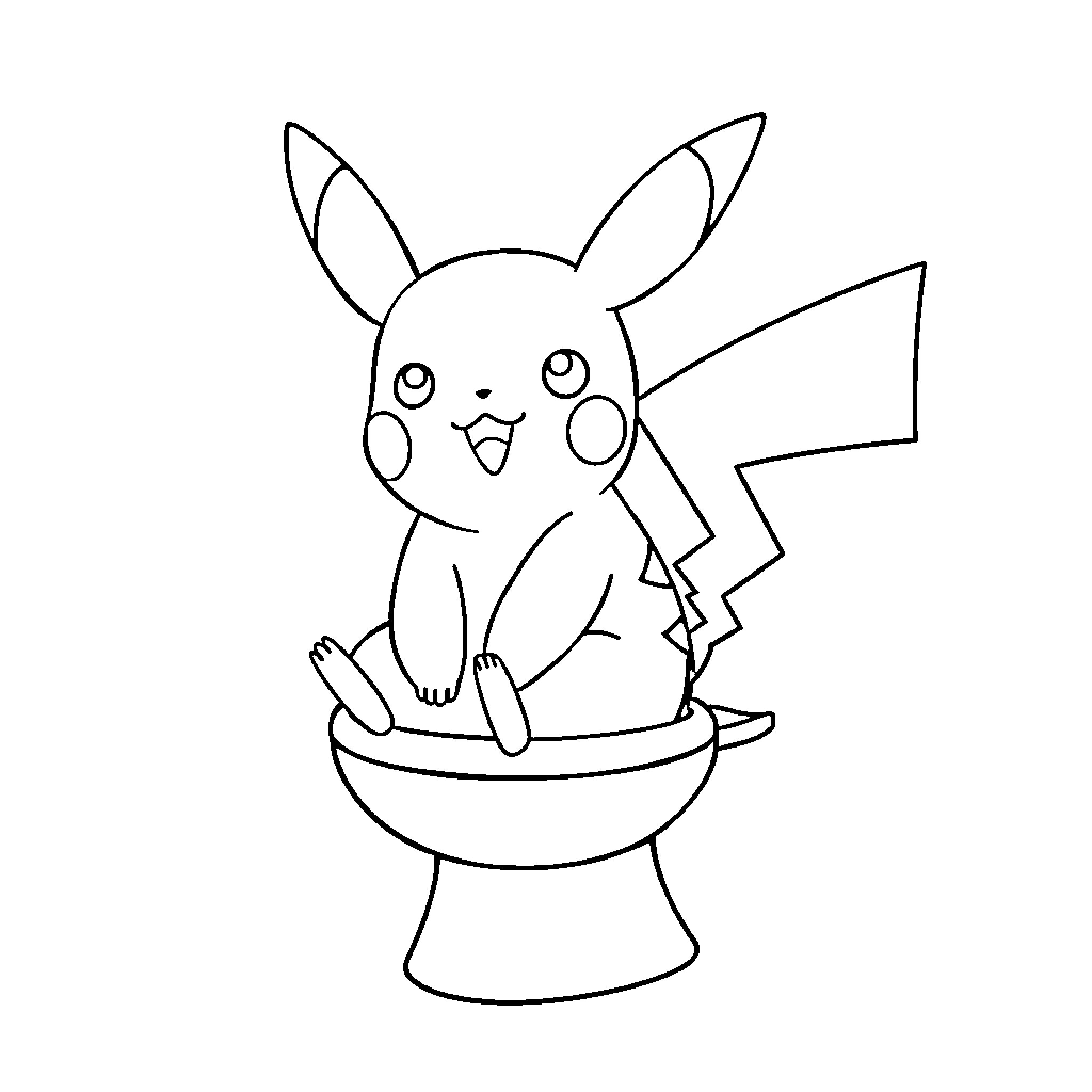 Pikachu sitting playfully in a bowl Coloring Page (free black-and-white line drawing printable PDF for all, from beginners to advanced learners, including children, teens, adults, and seniors)