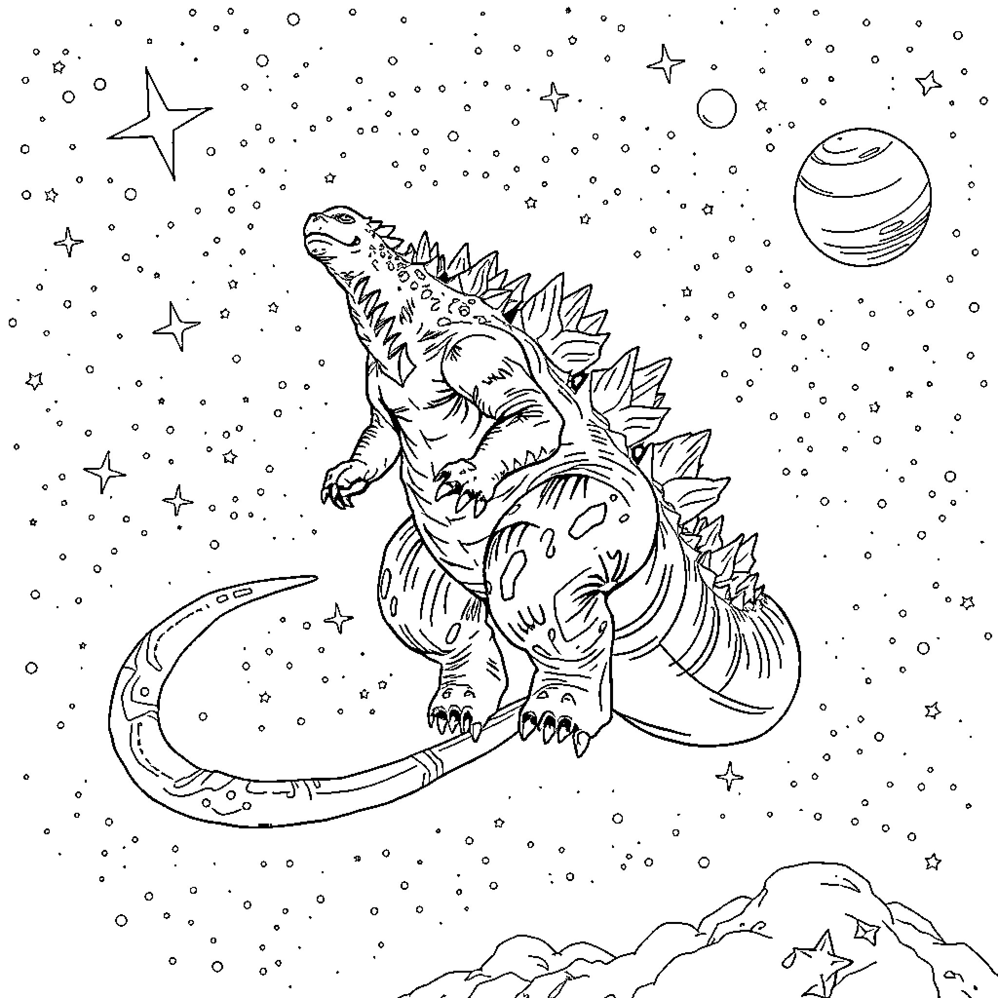 Godzilla stomping through the cosmic landscape Coloring Page (free black-and-white line drawing printable PDF for all, from beginners to advanced learners, including children, teens, adults, and seniors)