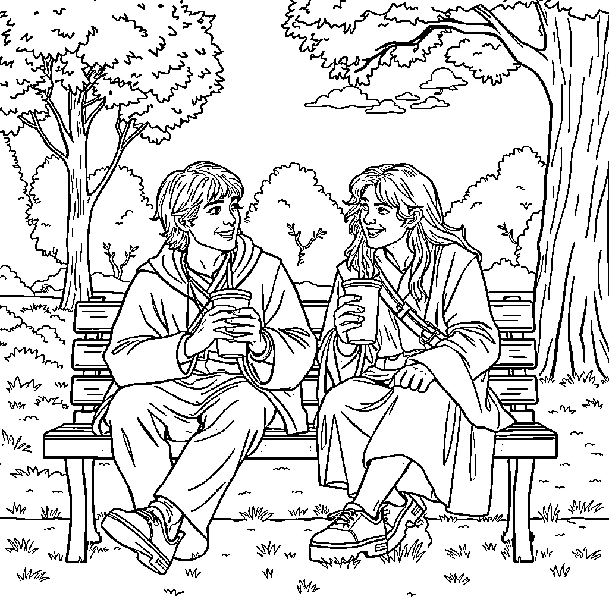 Frodo and Samwise enjoying a peaceful moment in the park Coloring Page (free black-and-white line drawing printable PDF for all, from beginners to advanced learners, including children, teens, adults, and seniors)
