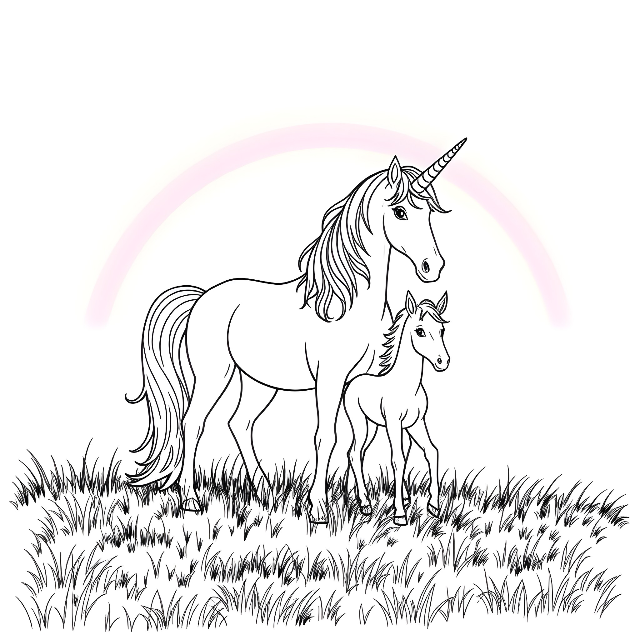 Unicorn and its foal in a meadow Coloring Page (free black-and-white line drawing printable PDF for all, from beginners to advanced learners, including children, teens, adults, and seniors)