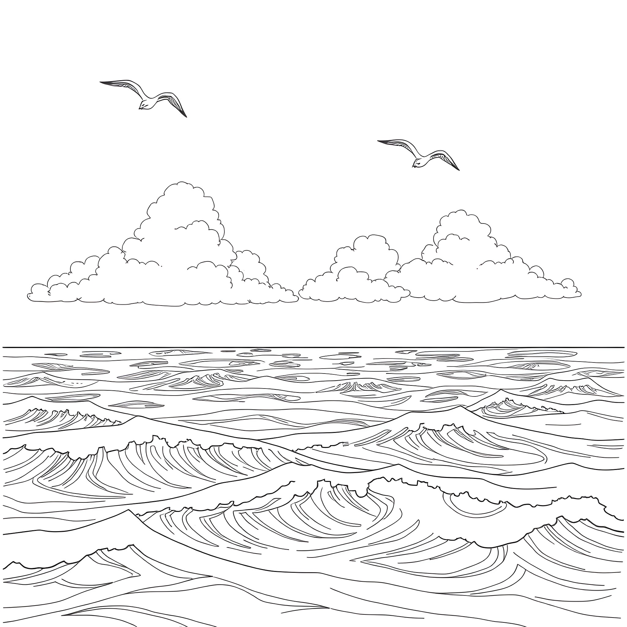 Ocean waves and seagulls in the sky Coloring Page (free black-and-white line drawing printable PDF for all, from beginners to advanced learners, including children, teens, adults, and seniors)