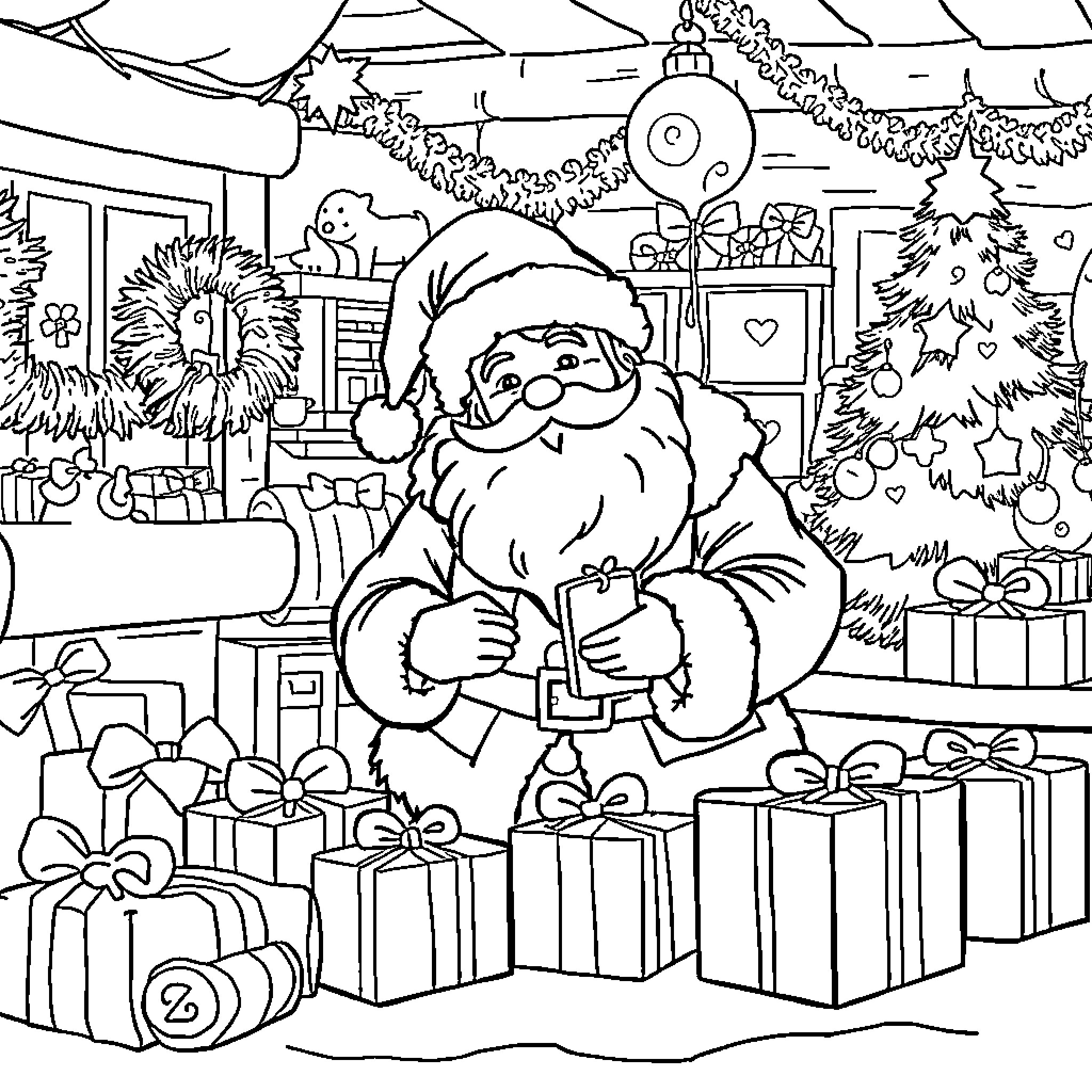 Santa Claus delivering Christmas gifts in a festive scene Coloring Page (free black-and-white line drawing printable PDF for all, from beginners to advanced learners, including children, teens, adults, and seniors)