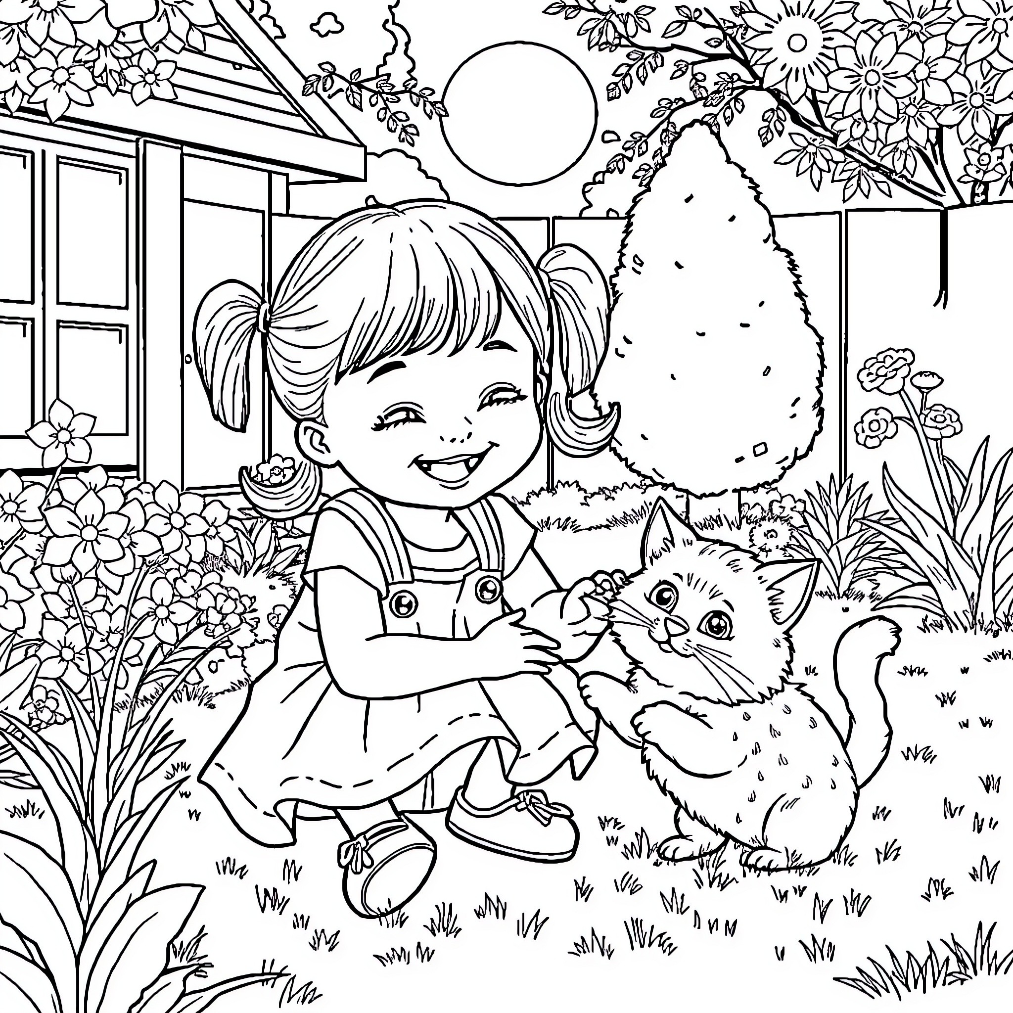 Girl playing happily with cat in garden Coloring Page (free black-and-white line drawing printable PDF for all, from beginners to advanced learners, including children, teens, adults, and seniors)