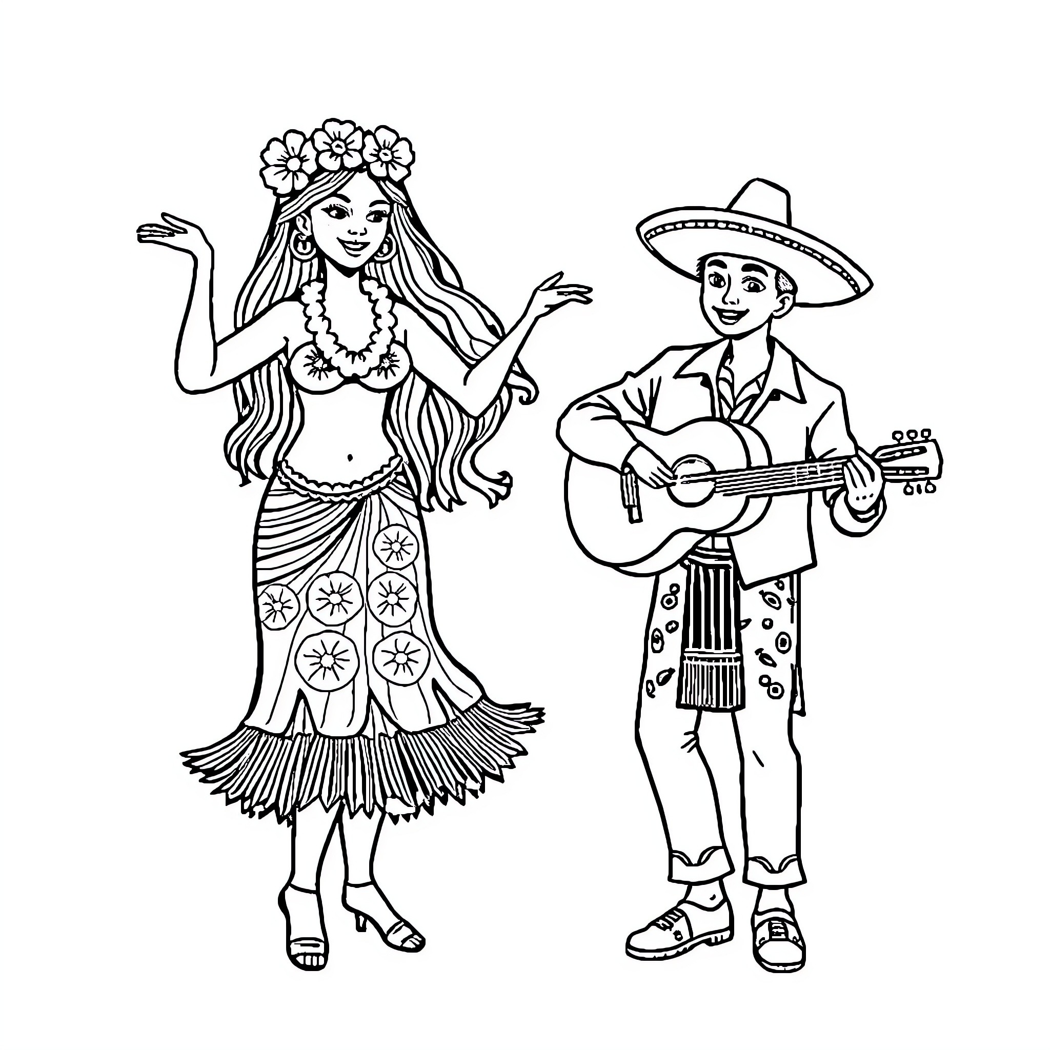 Hula Girl Dancing with Guitar Player Coloring Page (free black-and-white line drawing printable PDF for all, from beginners to advanced learners, including children, teens, adults, and seniors)