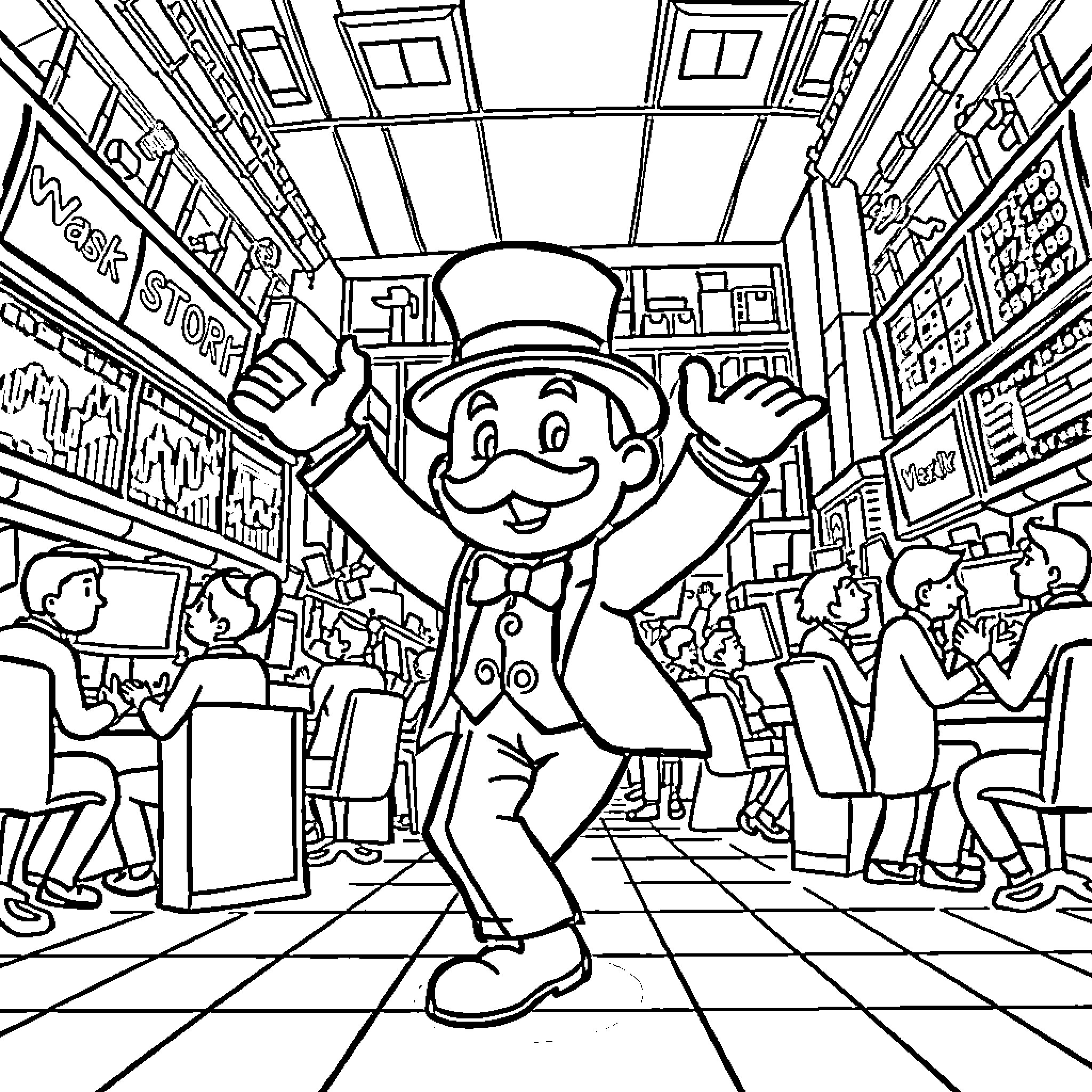 Monopoly Guy celebrates in a crowded market Coloring Page (free black-and-white line drawing printable PDF for all, from beginners to advanced learners, including children, teens, adults, and seniors)