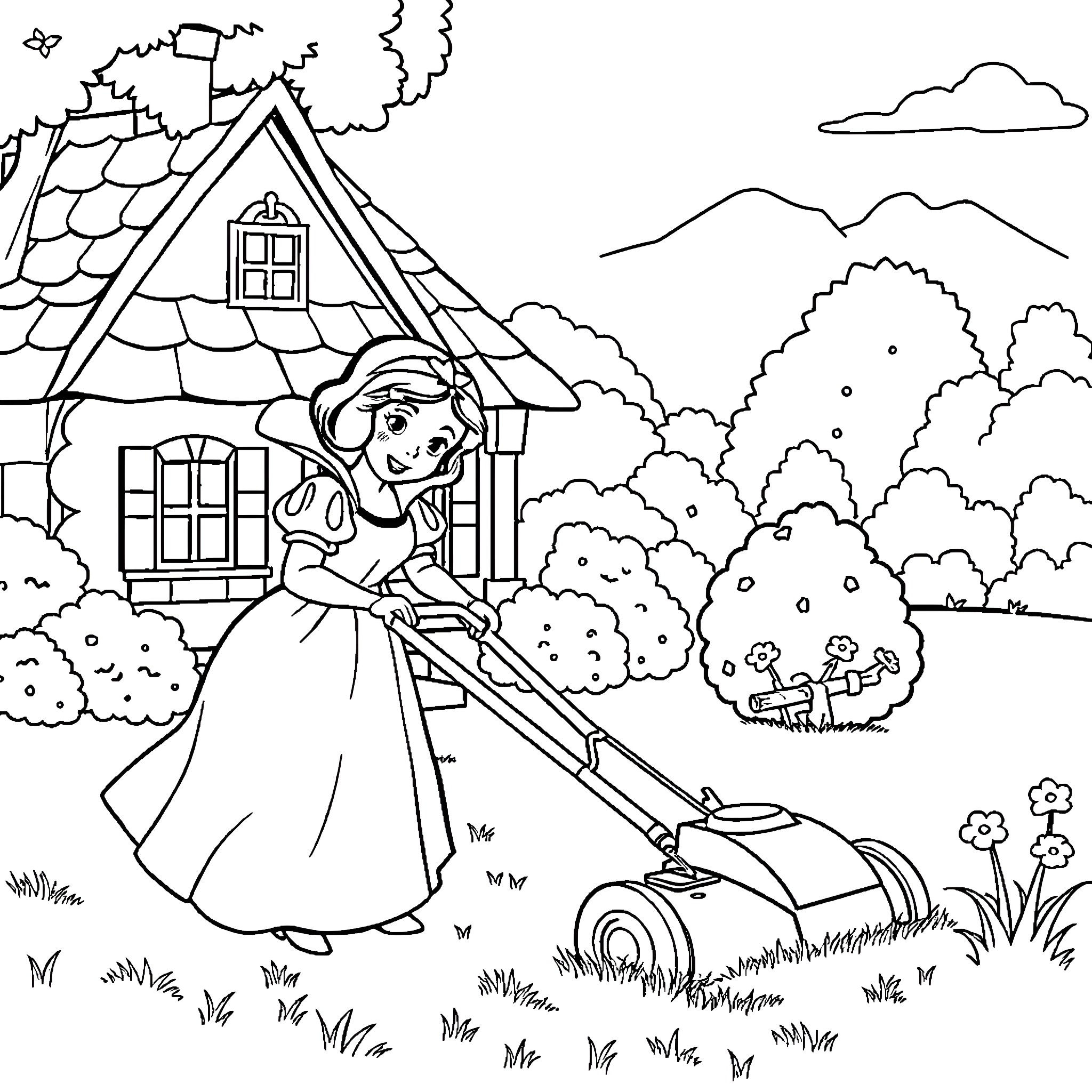 Snow White mowing the lawn in front of her cottage Coloring Page (free black-and-white line drawing printable PDF for all, from beginners to advanced learners, including children, teens, adults, and seniors)