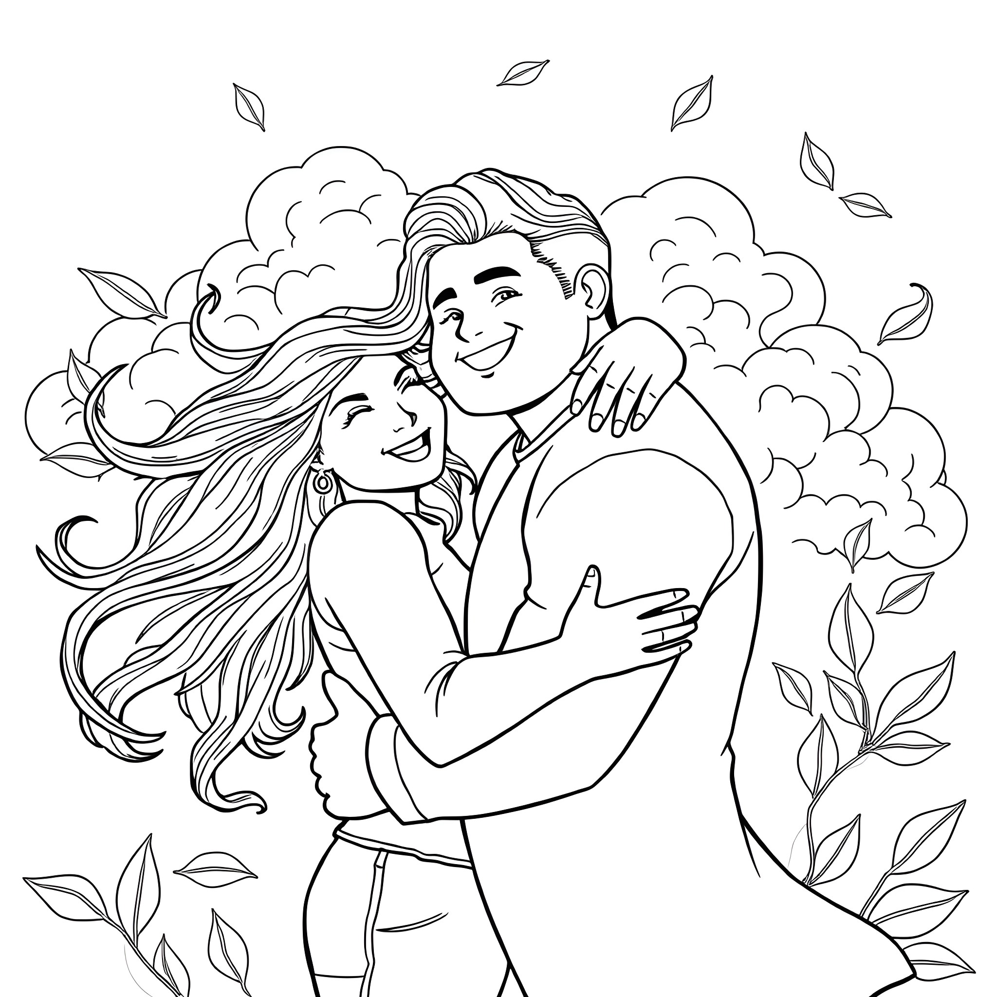 Man and Woman Embracing in Romantic Scene Coloring Page (free black-and-white line drawing printable PDF for all, from beginners to advanced learners, including children, teens, adults, and seniors)
