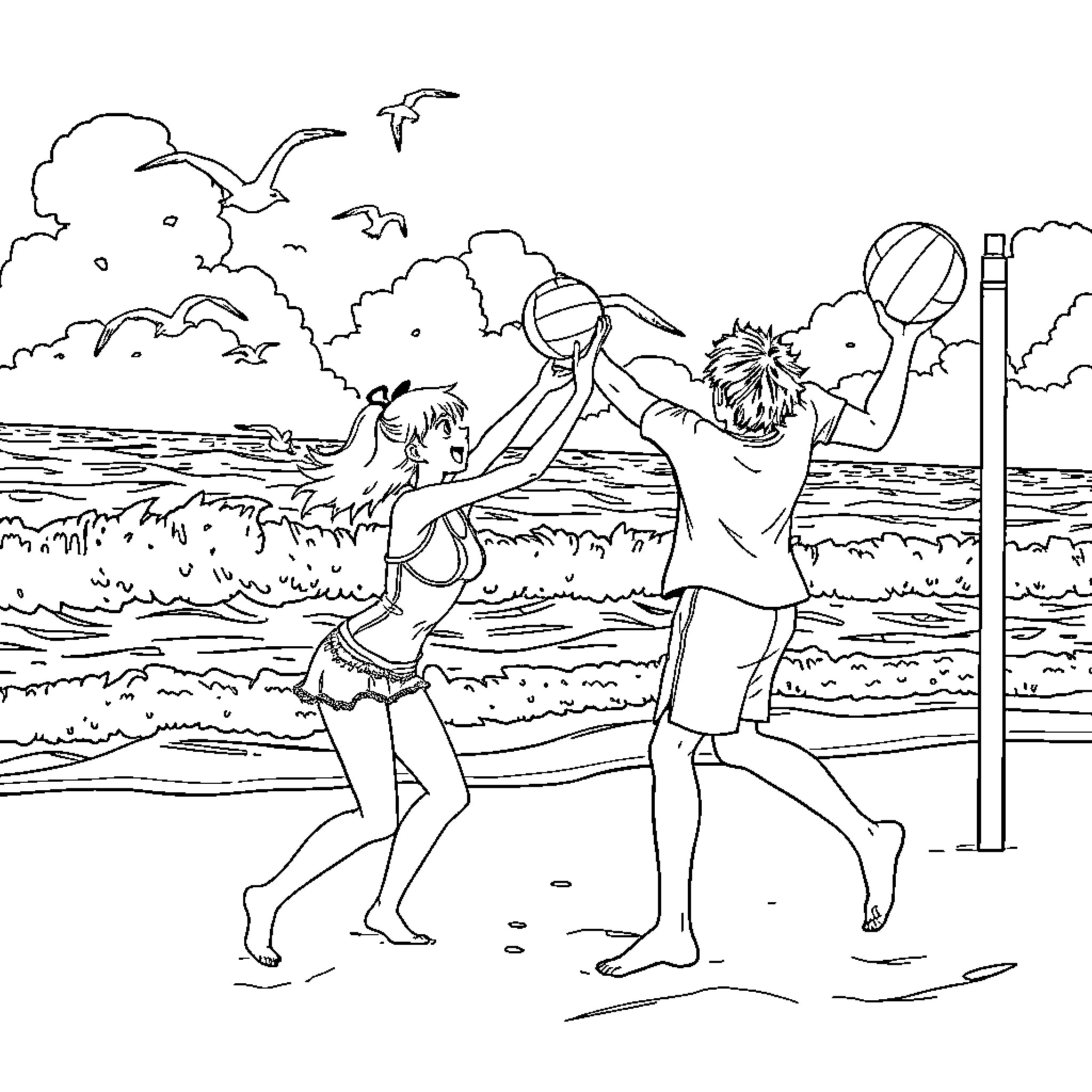 Amuro and friends playing beach volleyball in the sun Coloring Page (free black-and-white line drawing printable PDF for all, from beginners to advanced learners, including children, teens, adults, and seniors)