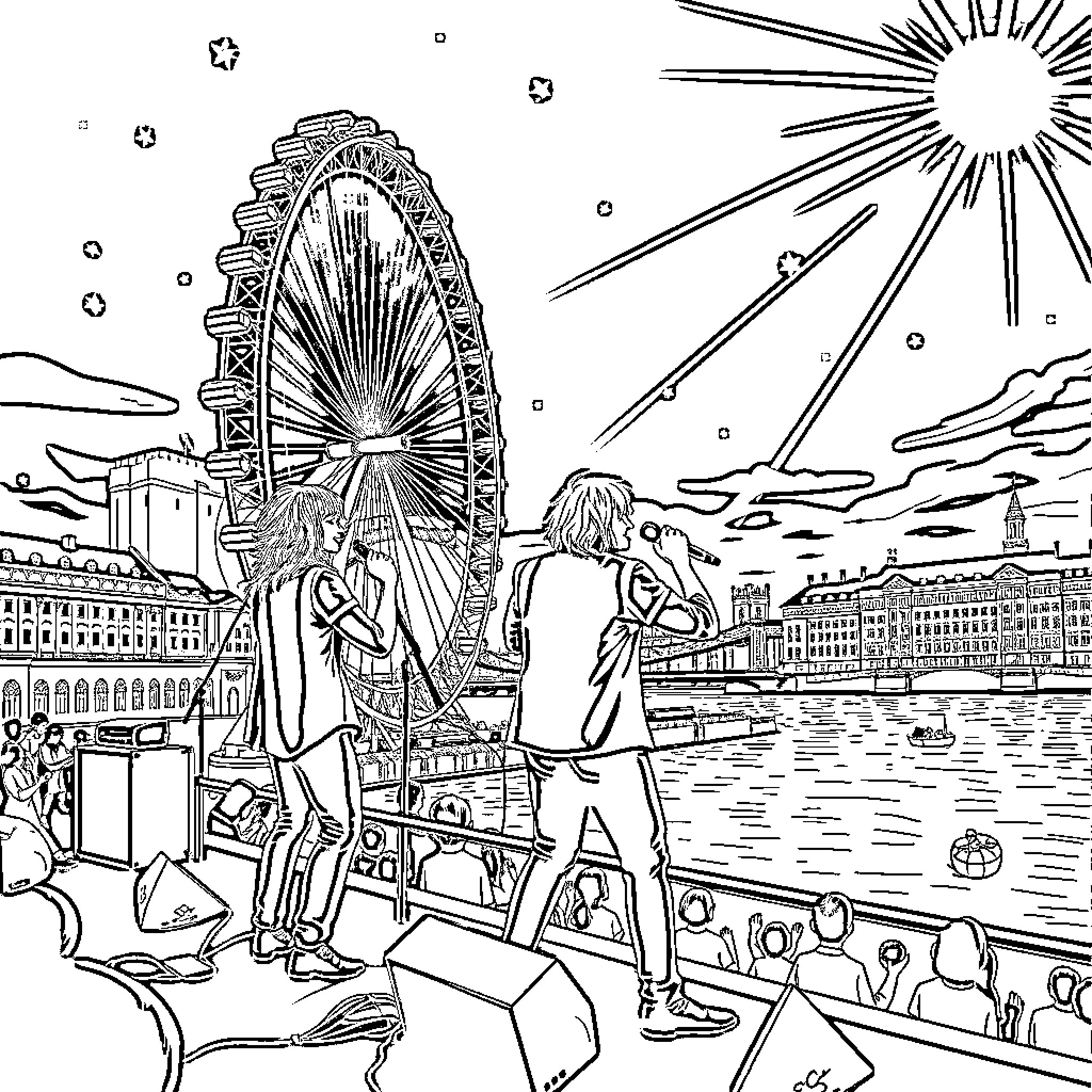 Bastille Day Celebrations in the City Coloring Page (free black-and-white line drawing printable PDF for all, from beginners to advanced learners, including children, teens, adults, and seniors)