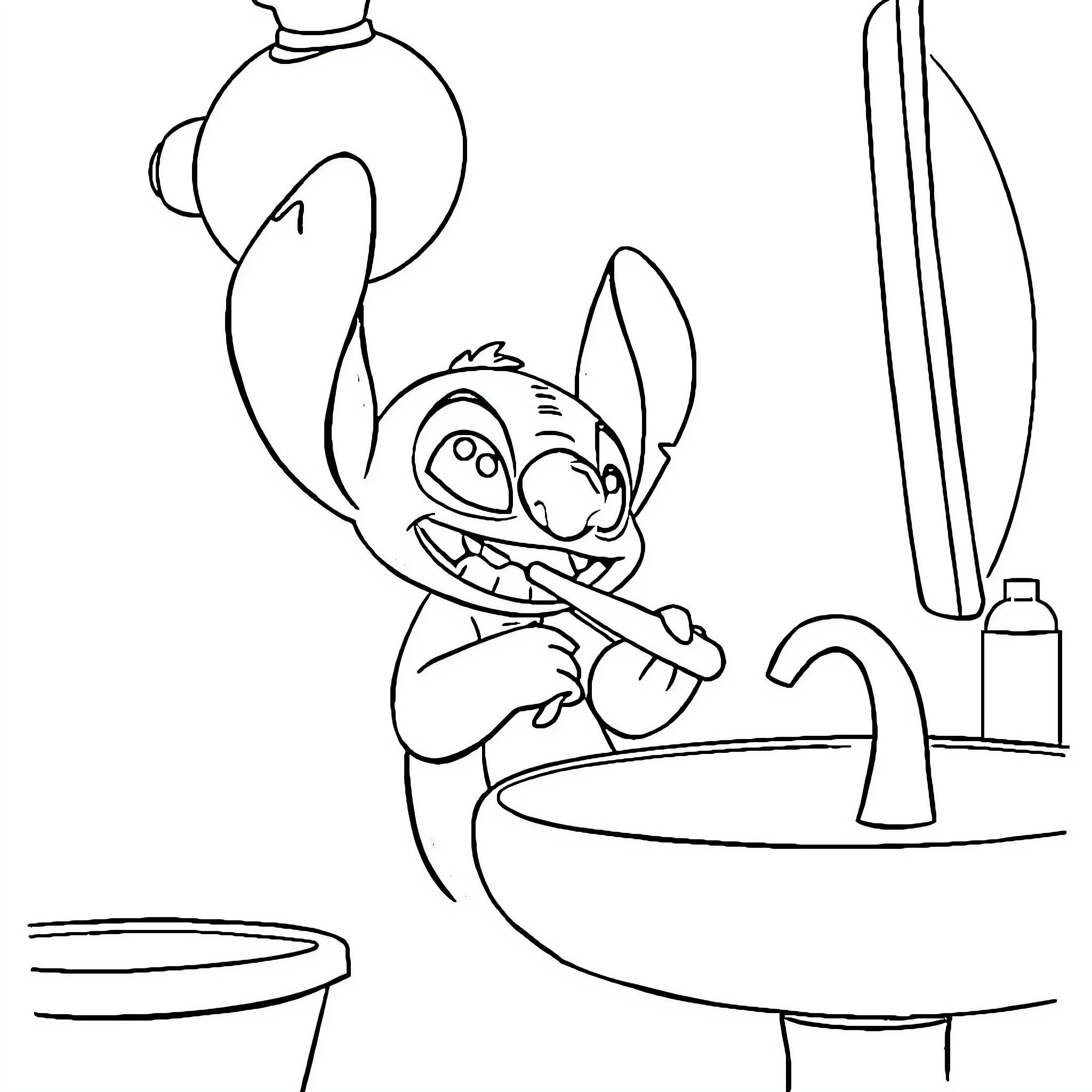 Stitch brushing his teeth in the bathroom Coloring Page (free black-and-white line drawing printable PDF for all, from beginners to advanced learners, including children, teens, adults, and seniors)