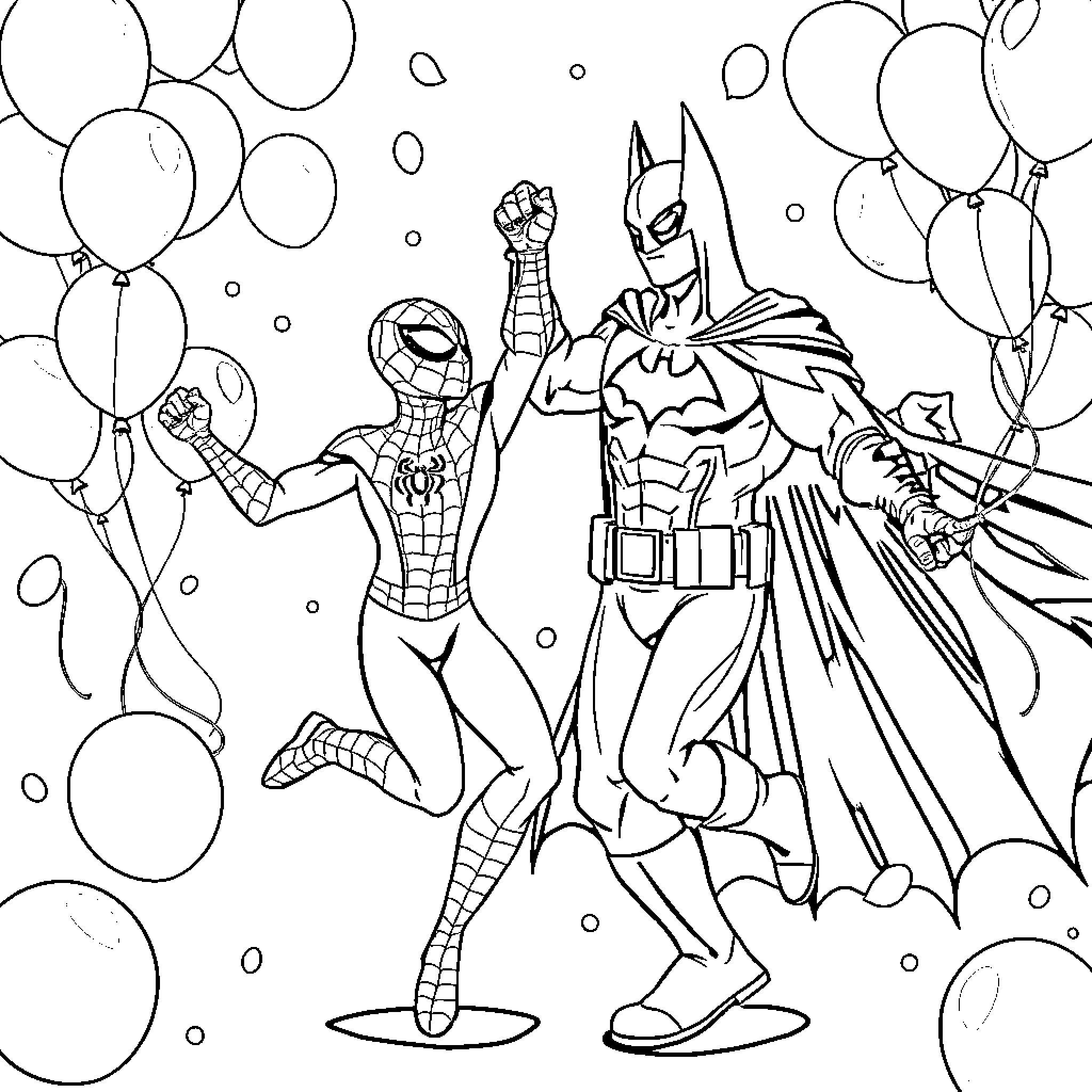 Spiderman and Batman celebrating with balloons Coloring Page (free black-and-white line drawing printable PDF for all, from beginners to advanced learners, including children, teens, adults, and seniors)