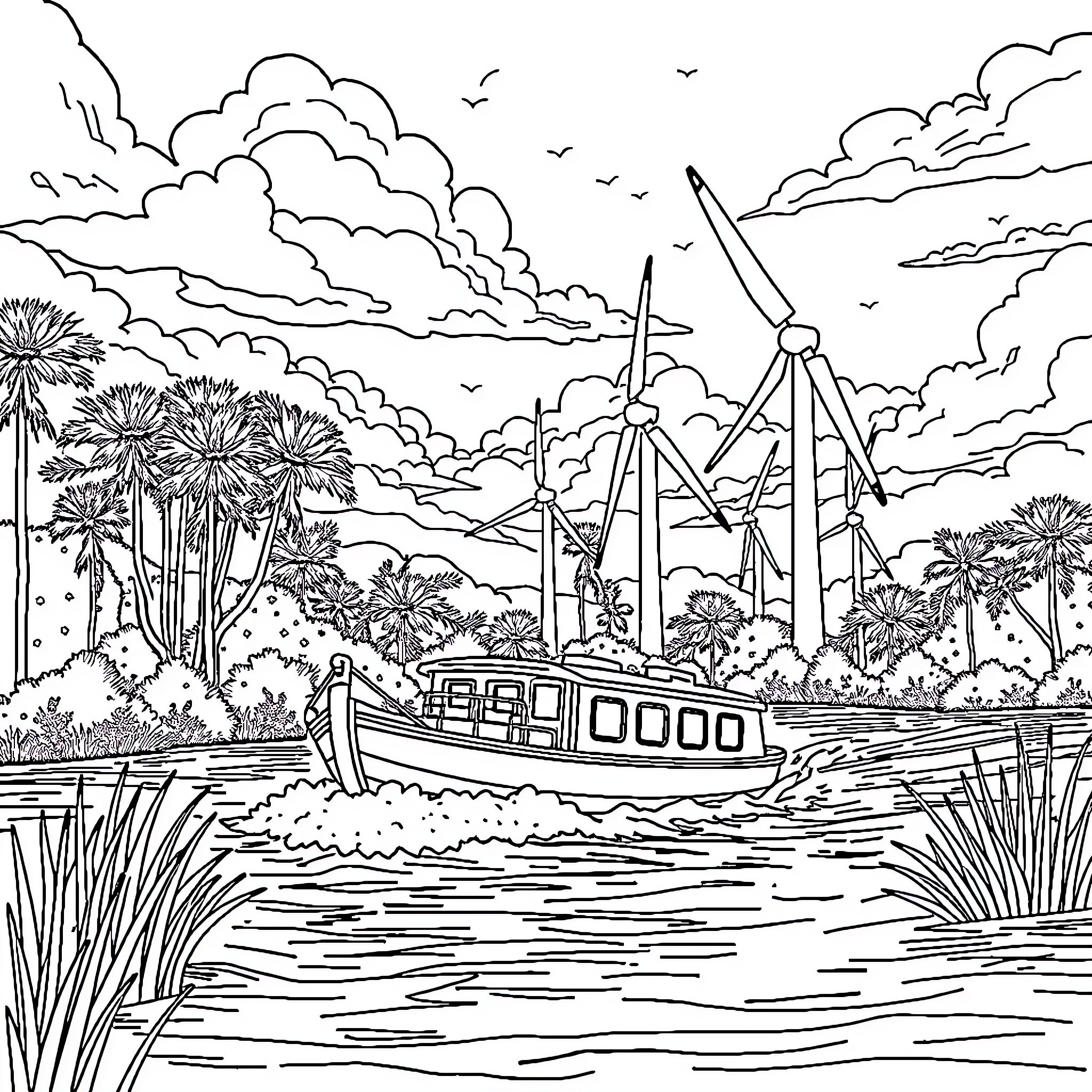 Bateau sailing through tranquil lagoon amid palm trees Coloring Page (free black-and-white line drawing printable PDF for all, from beginners to advanced learners, including children, teens, adults, and seniors)