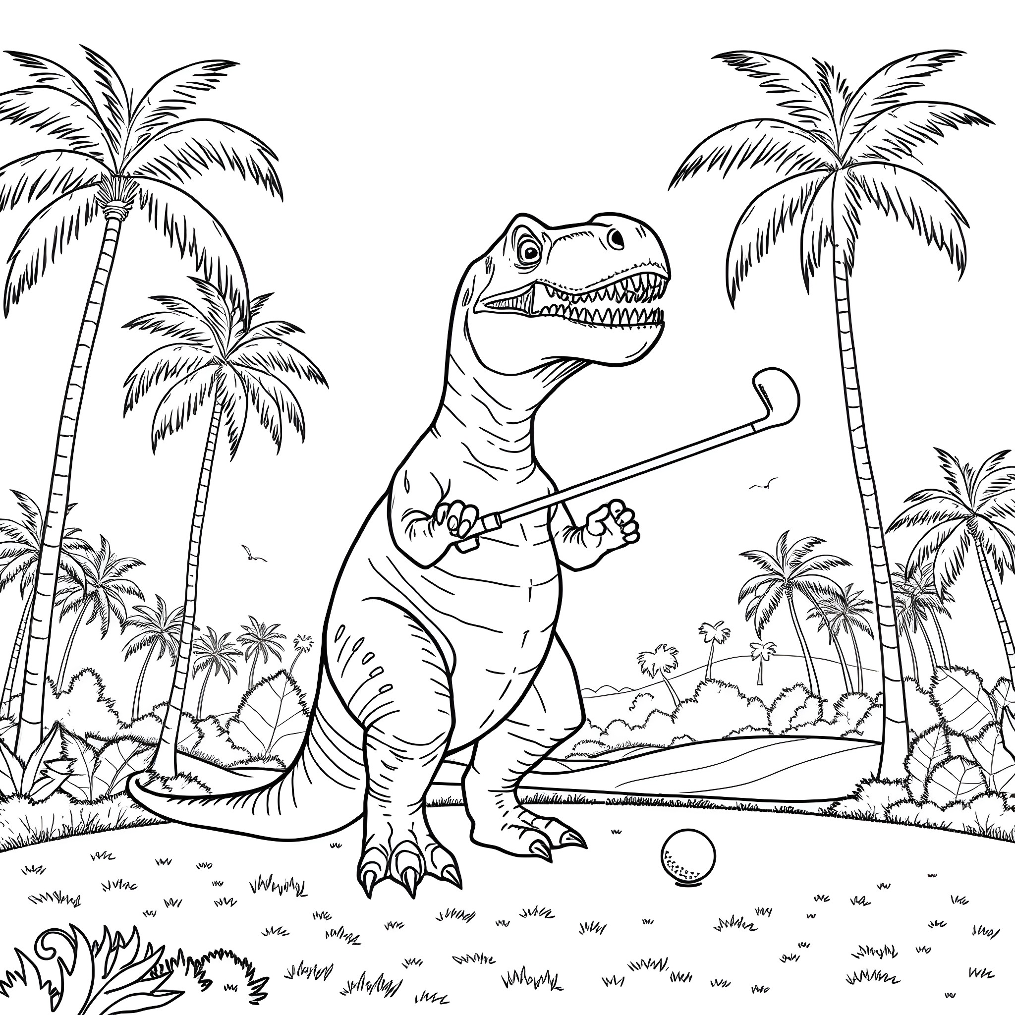 T-Rex hunting in the prehistoric jungle Coloring Page (free black-and-white line drawing printable PDF for all, from beginners to advanced learners, including children, teens, adults, and seniors)