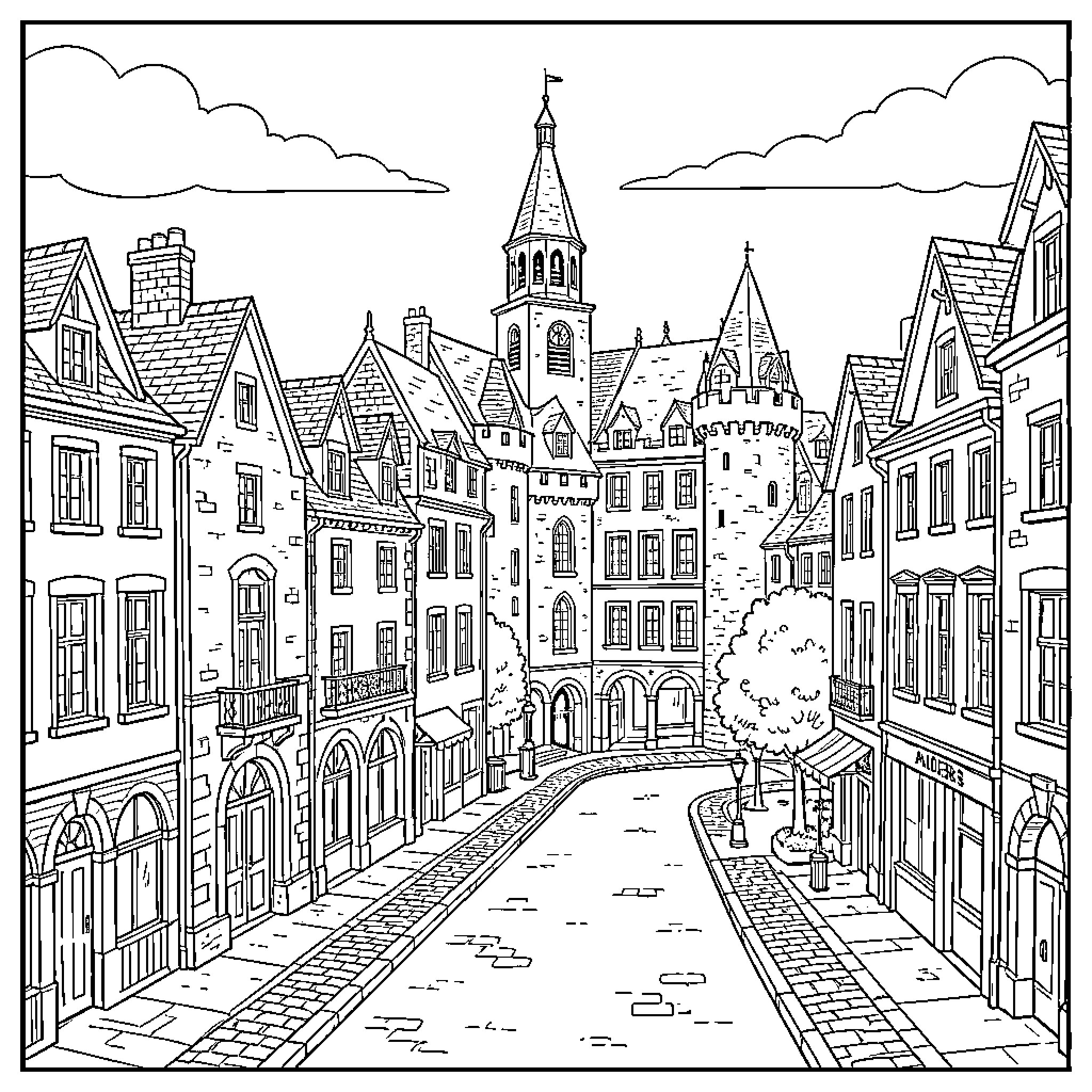 Angers street scene featuring historic buildings and winding paths Coloring Page (free black-and-white line drawing printable PDF for all, from beginners to advanced learners, including children, teens, adults, and seniors)