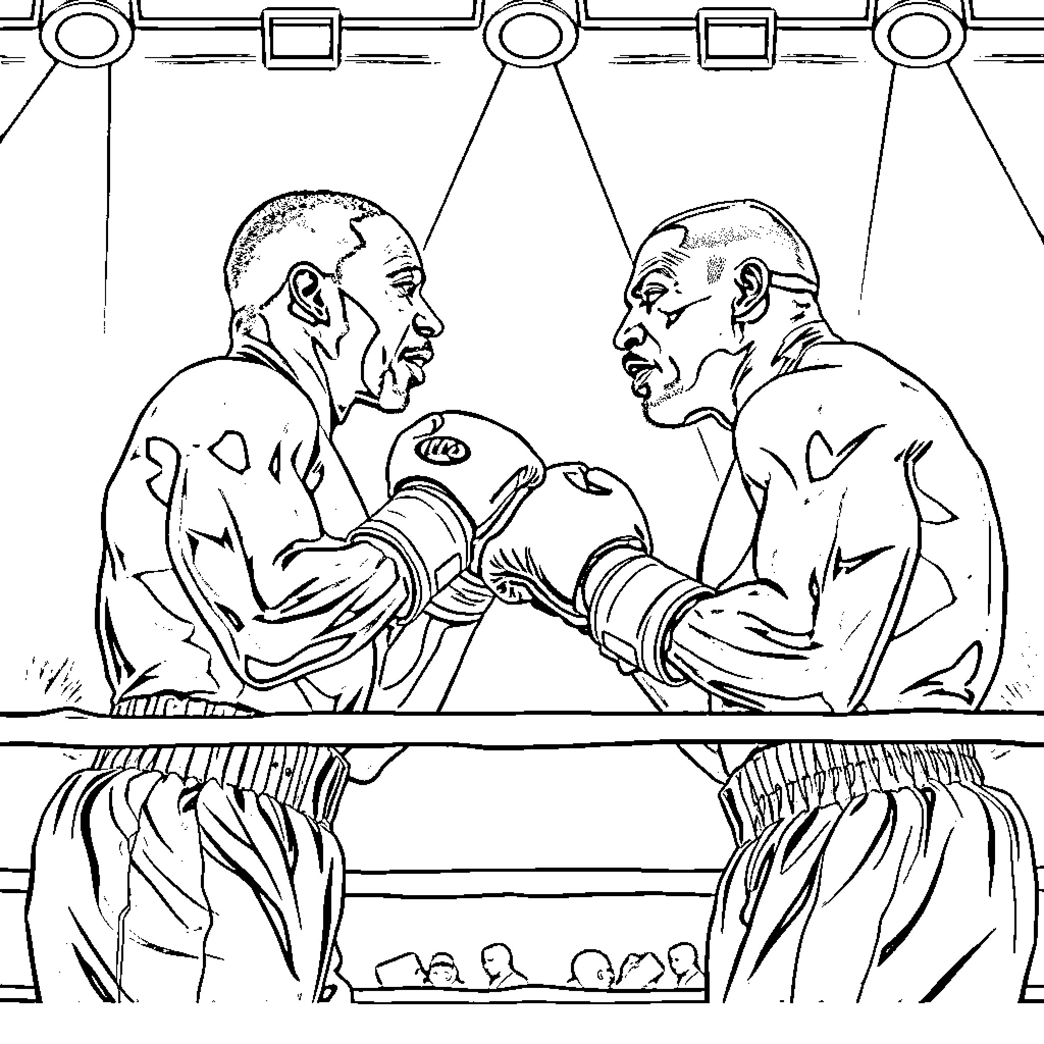 P Diddy boxing match showdown in the ring Coloring Page (free black-and-white line drawing printable PDF for all, from beginners to advanced learners, including children, teens, adults, and seniors)