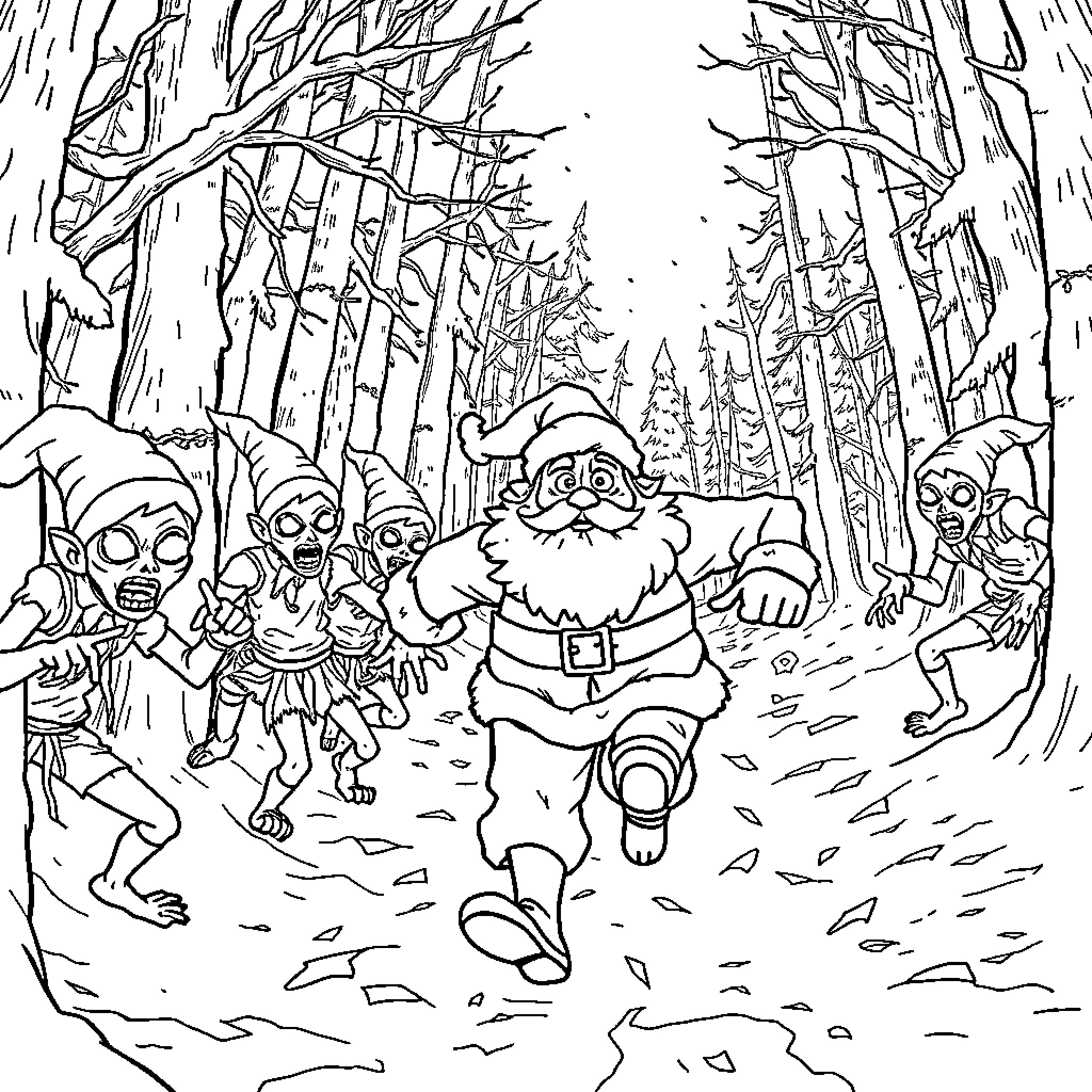 Santa chased by mischievous creatures in winter forest Coloring Page (free black-and-white line drawing printable PDF for all, from beginners to advanced learners, including children, teens, adults, and seniors)