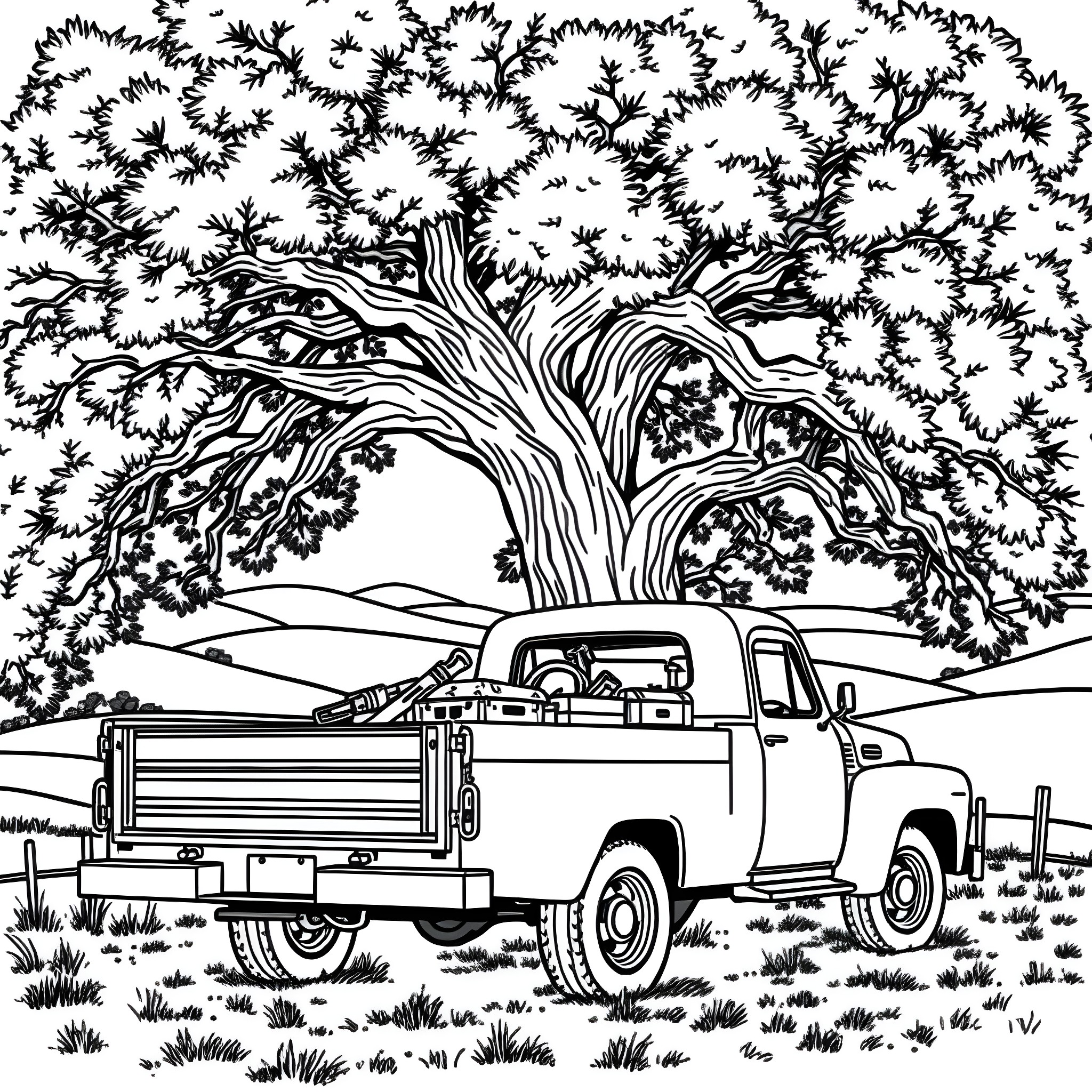Truck transporting goods under a sprawling tree Coloring Page (free black-and-white line drawing printable PDF for all, from beginners to advanced learners, including children, teens, adults, and seniors)