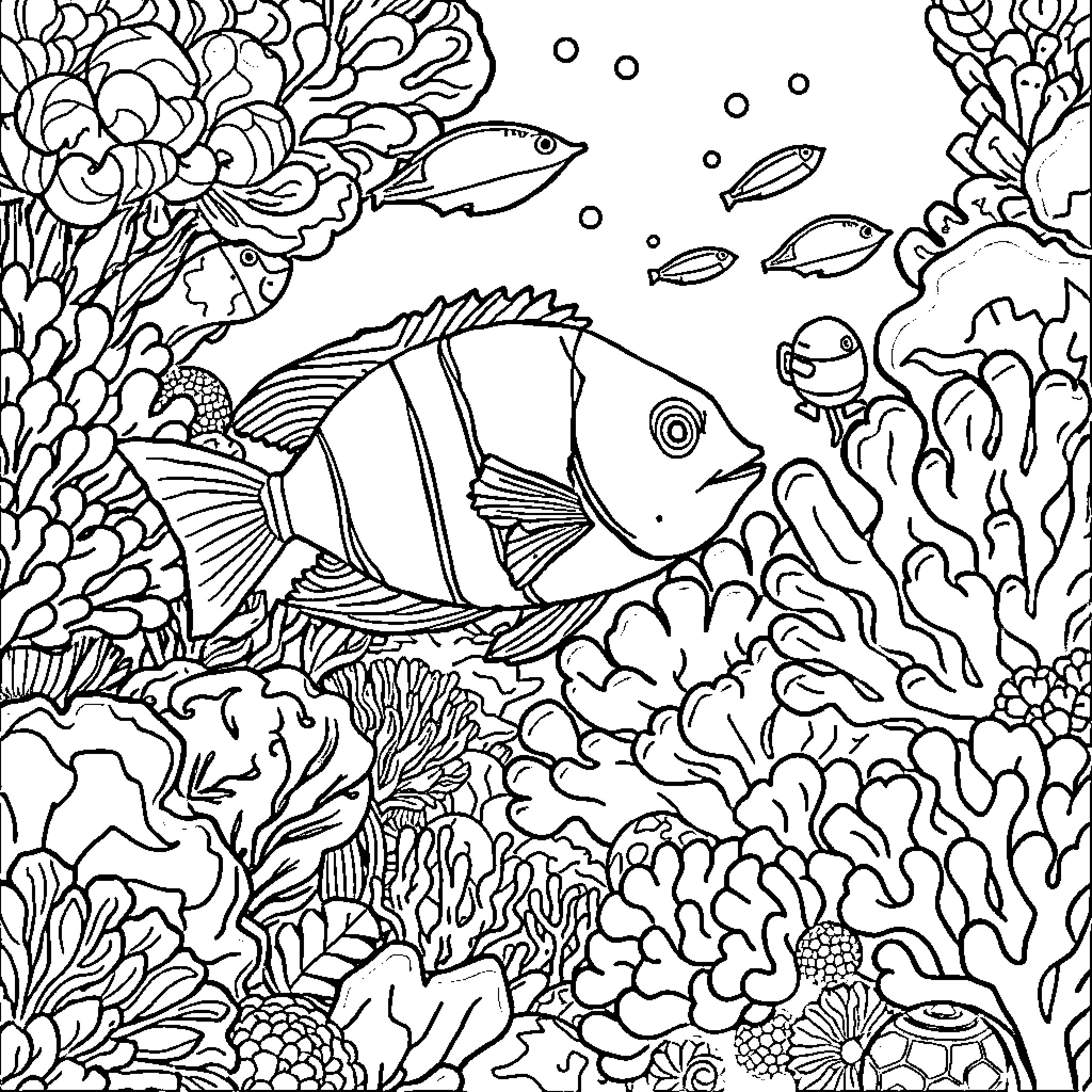 Fish swimming among coral reef and marine life Coloring Page (free black-and-white line drawing printable PDF for all, from beginners to advanced learners, including children, teens, adults, and seniors)