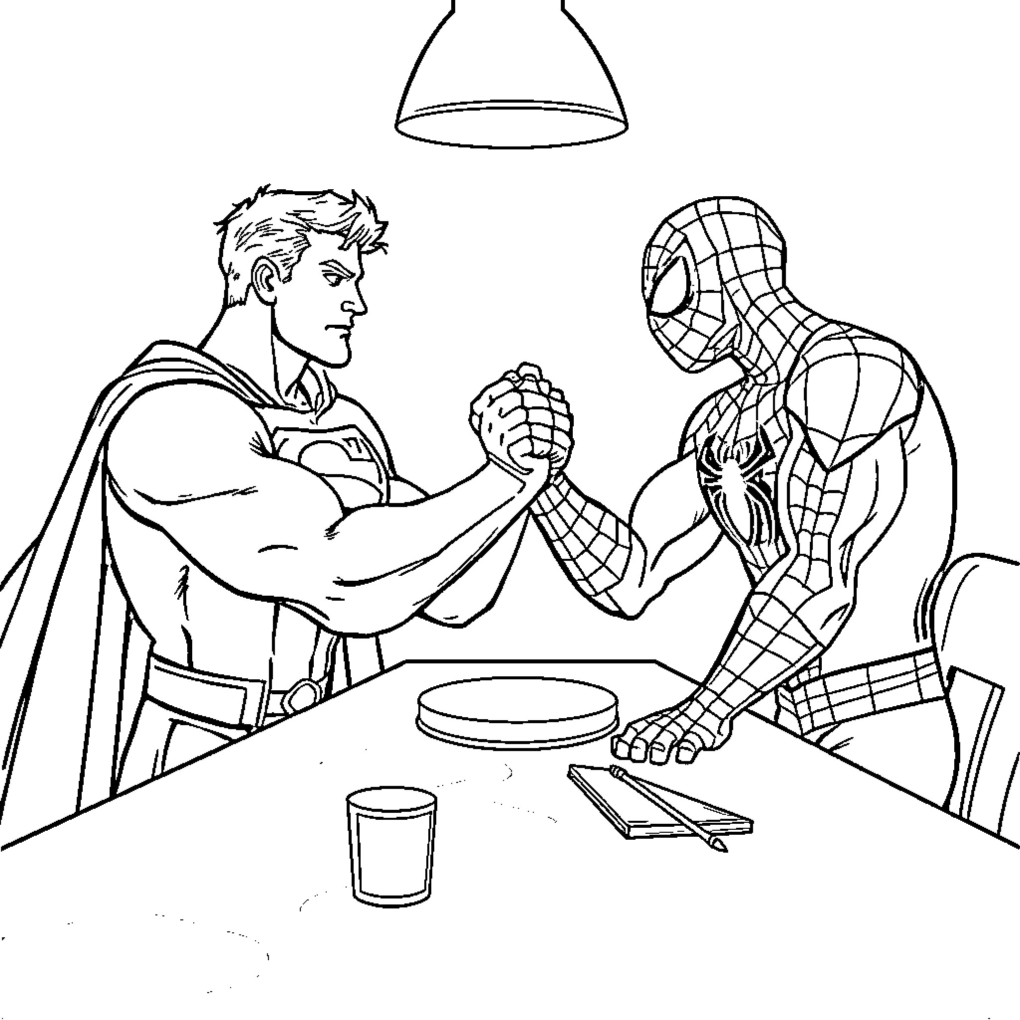 Superman and Spider-Man arm wrestling at the table Coloring Page (free black-and-white line drawing printable PDF for all, from beginners to advanced learners, including children, teens, adults, and seniors)