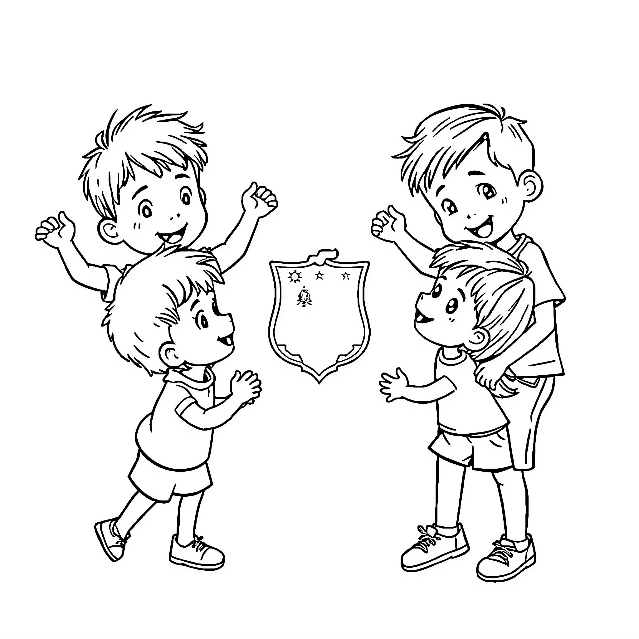 Colombia Children Celebrating with Trophy Coloring Page (free black-and-white line drawing printable PDF for all, from beginners to advanced learners, including children, teens, adults, and seniors)