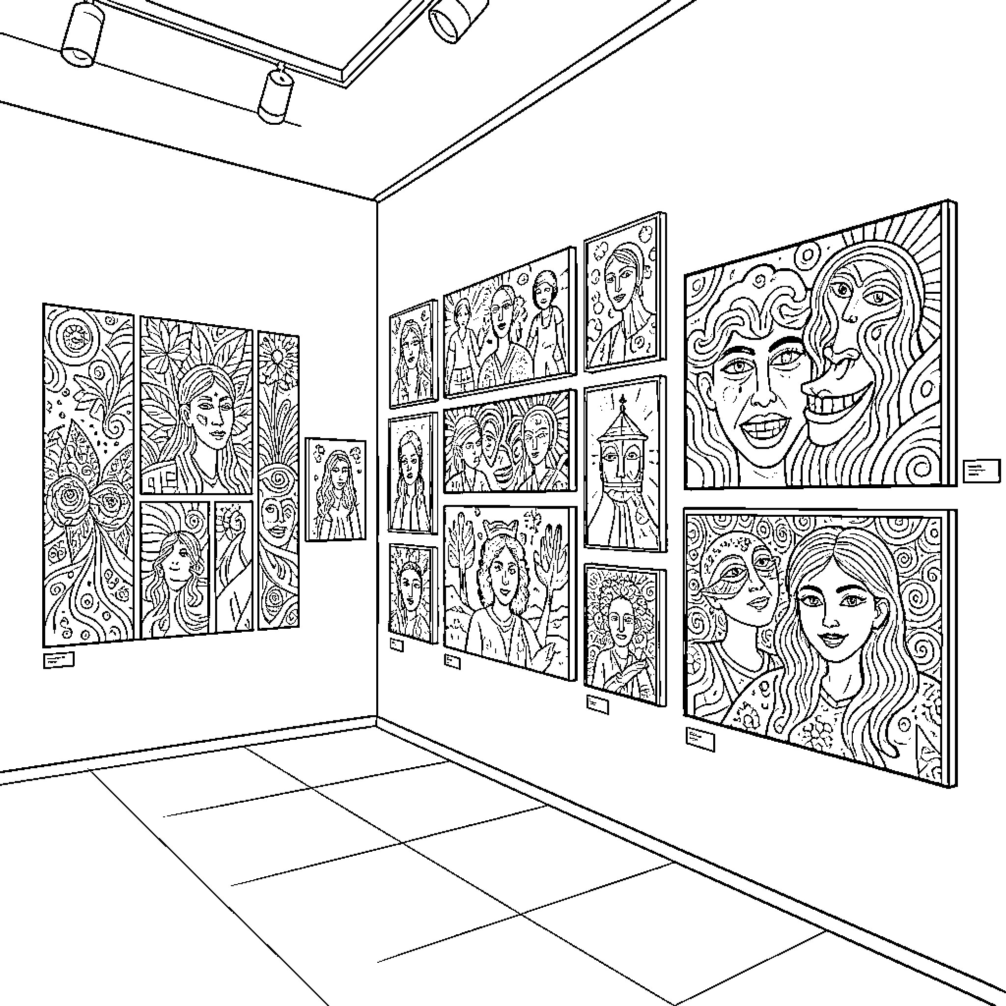 Artistic Paintings of Expressive Faces and Figures in Gallery Coloring Page (free black-and-white line drawing printable PDF for all, from beginners to advanced learners, including children, teens, adults, and seniors)