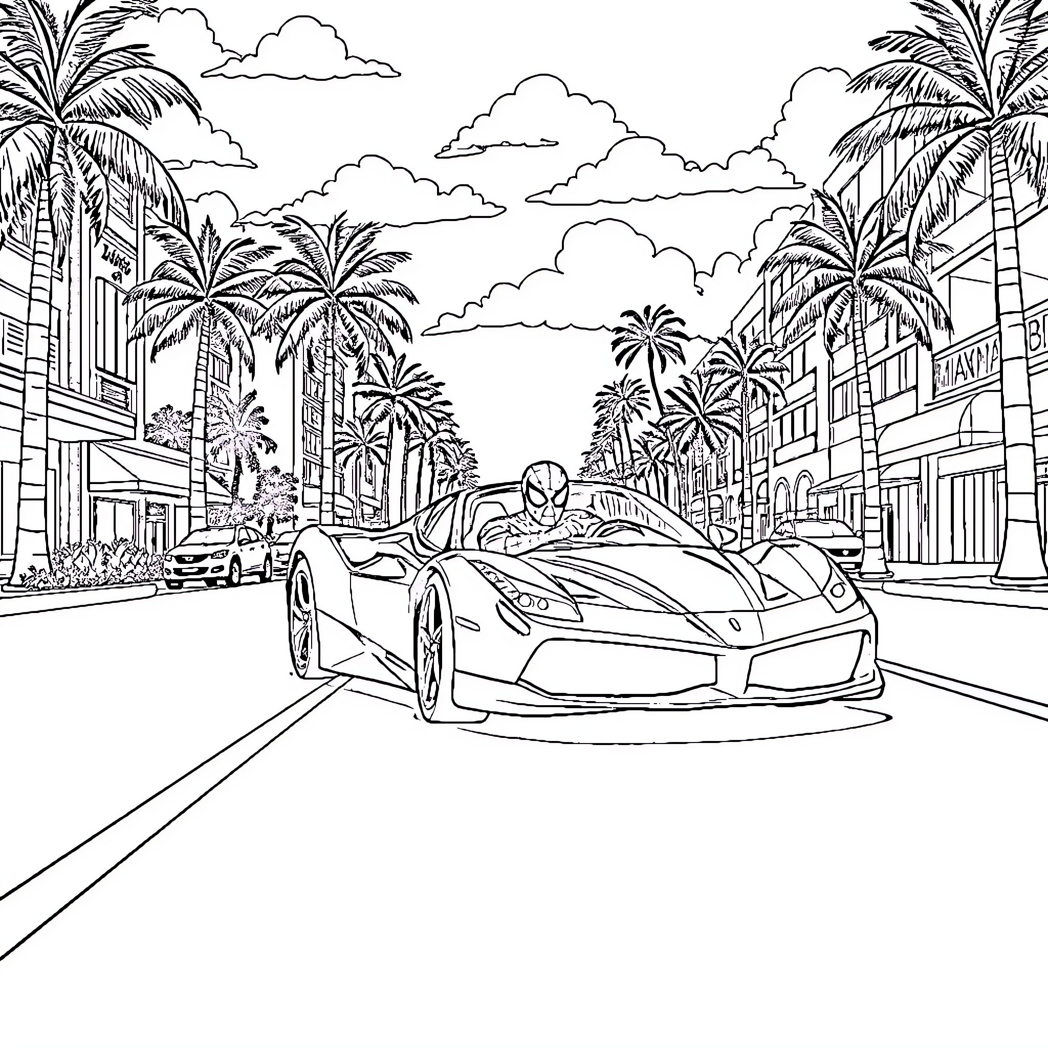 Spiderman driving sports car through palm-lined city street Coloring Page (free black-and-white line drawing printable PDF for all, from beginners to advanced learners, including children, teens, adults, and seniors)