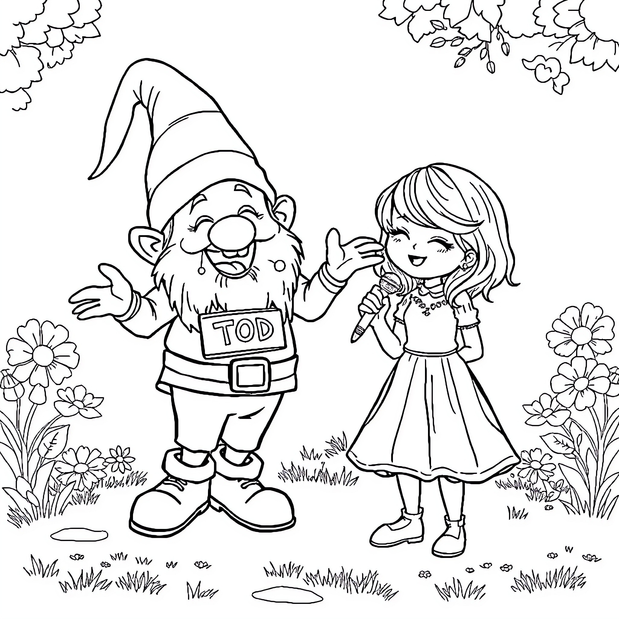 Gnome and girl in the garden Coloring Page (free black-and-white line drawing printable PDF for all, from beginners to advanced learners, including children, teens, adults, and seniors)