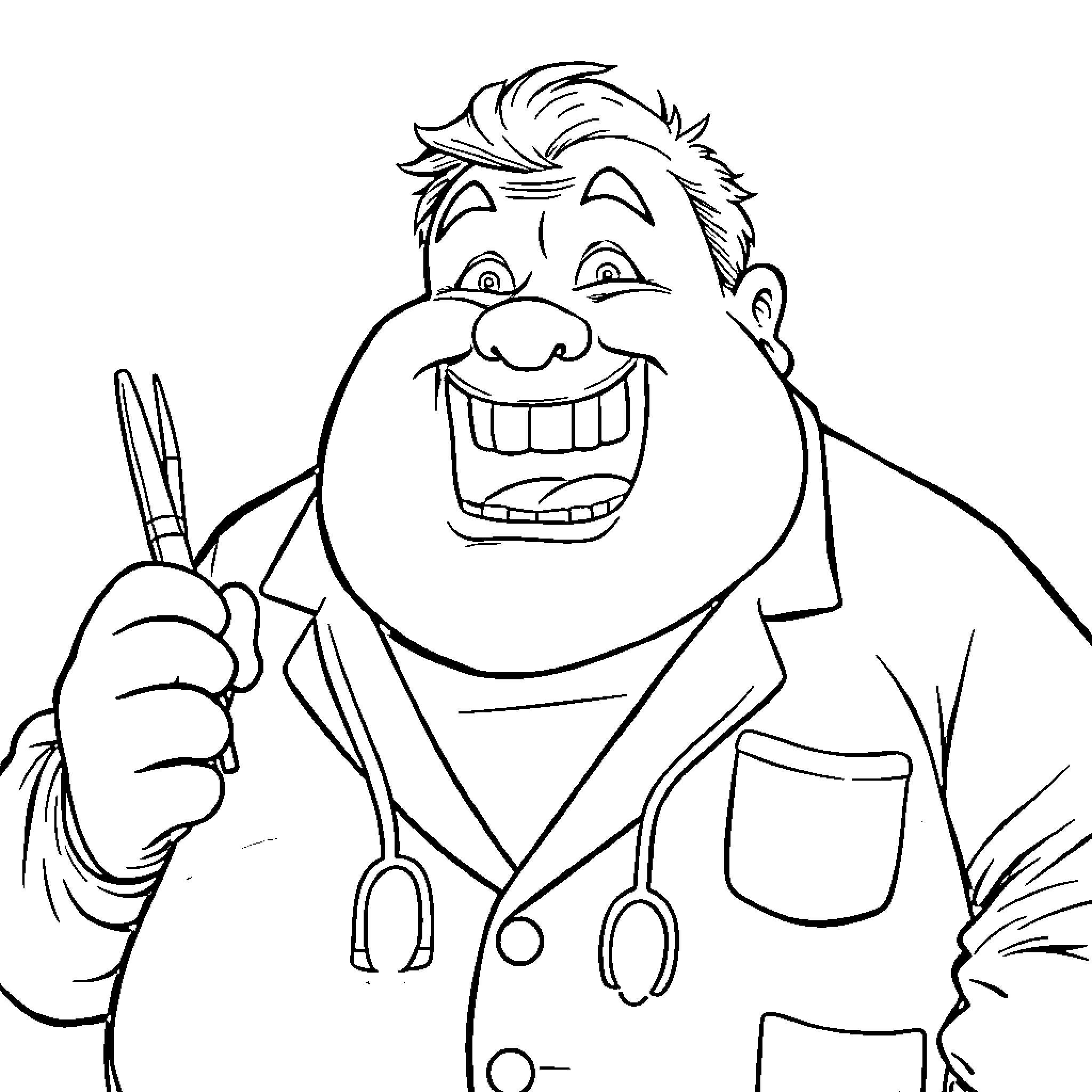 Dentist examining patient with a bright smile Coloring Page (free black-and-white line drawing printable PDF for all, from beginners to advanced learners, including children, teens, adults, and seniors)