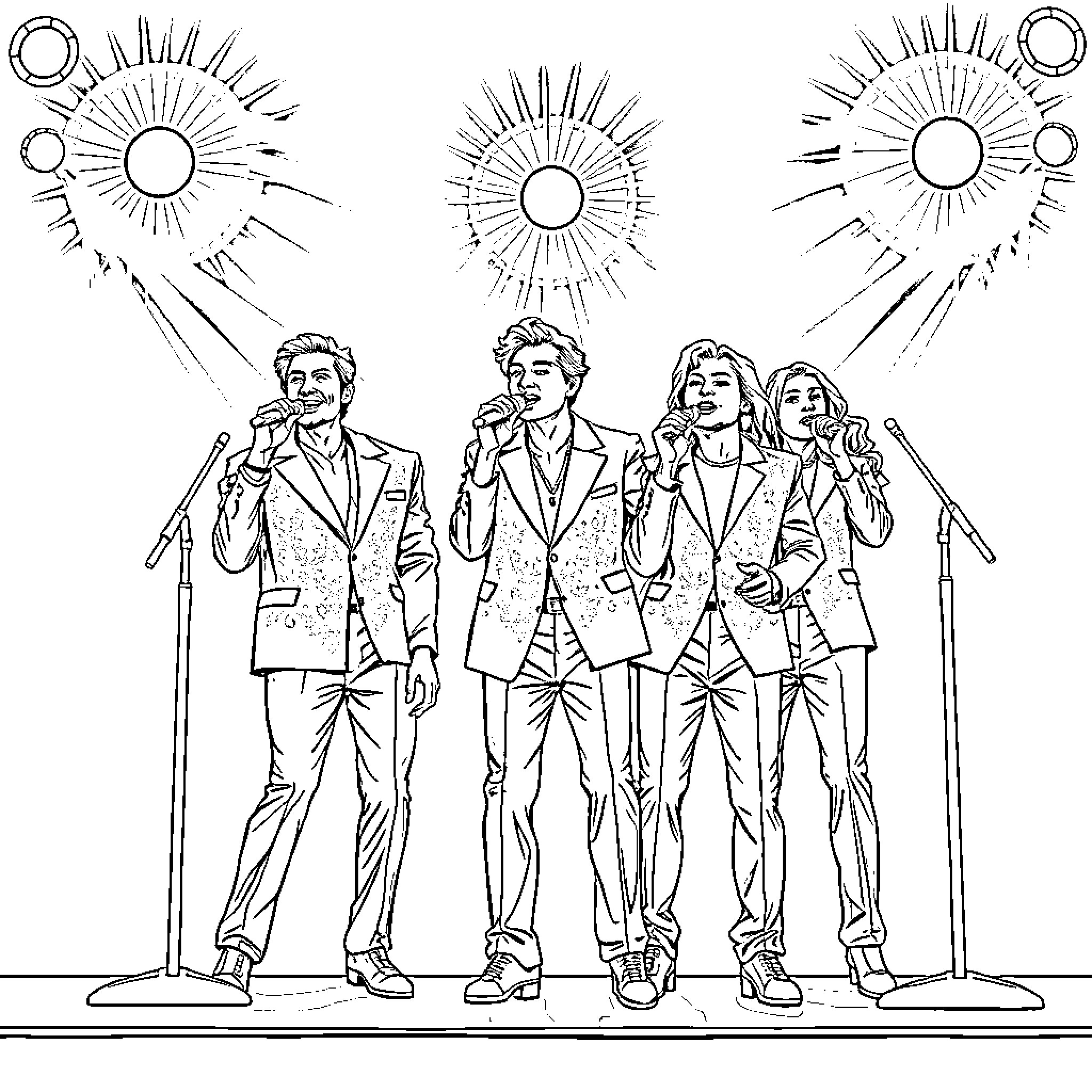 Singer performing on stage with band members Coloring Page (free black-and-white line drawing printable PDF for all, from beginners to advanced learners, including children, teens, adults, and seniors)