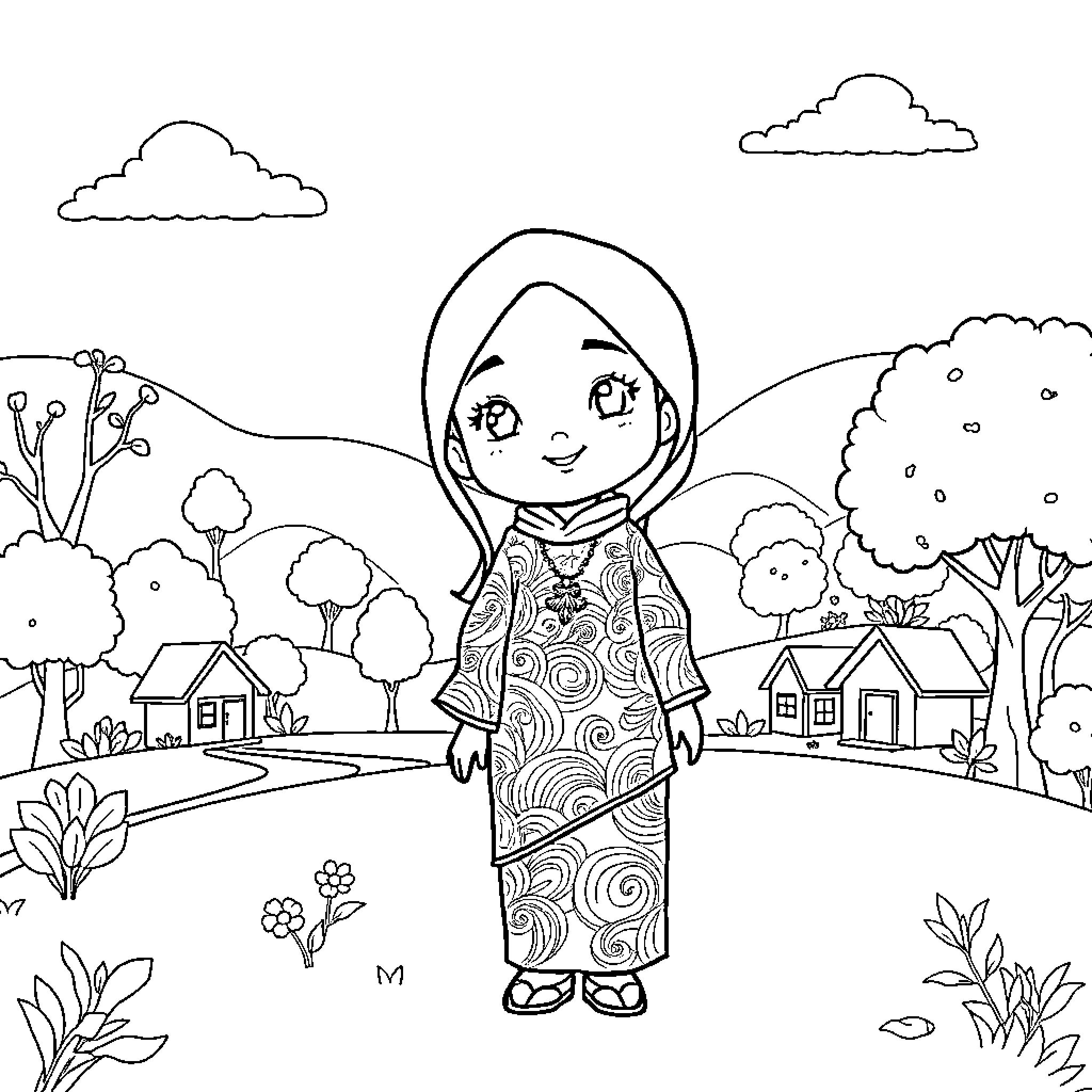 My Melody in a Serene Countryside Coloring Page (free black-and-white line drawing printable PDF for all, from beginners to advanced learners, including children, teens, adults, and seniors)