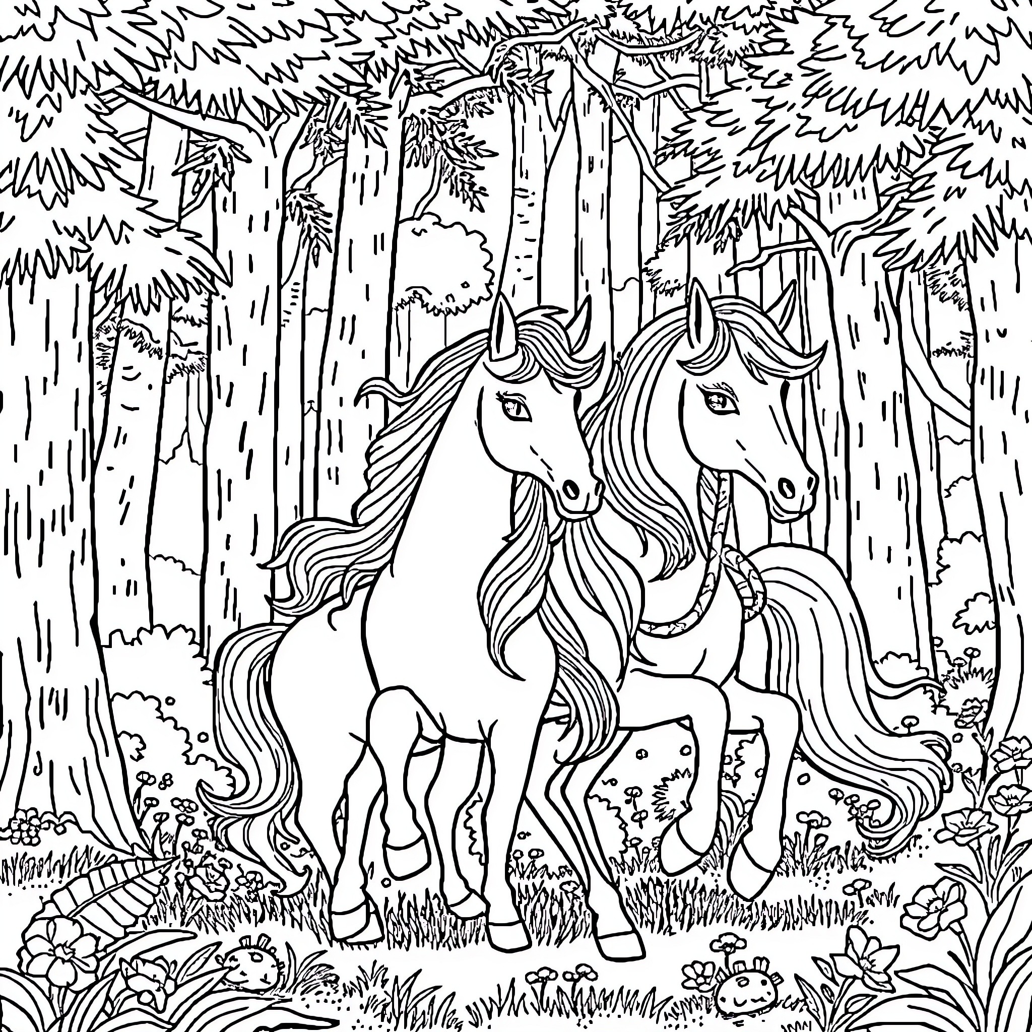 Huntrix Unicorns in the Enchanted Forest Coloring Page (free black-and-white line drawing printable PDF for all, from beginners to advanced learners, including children, teens, adults, and seniors)